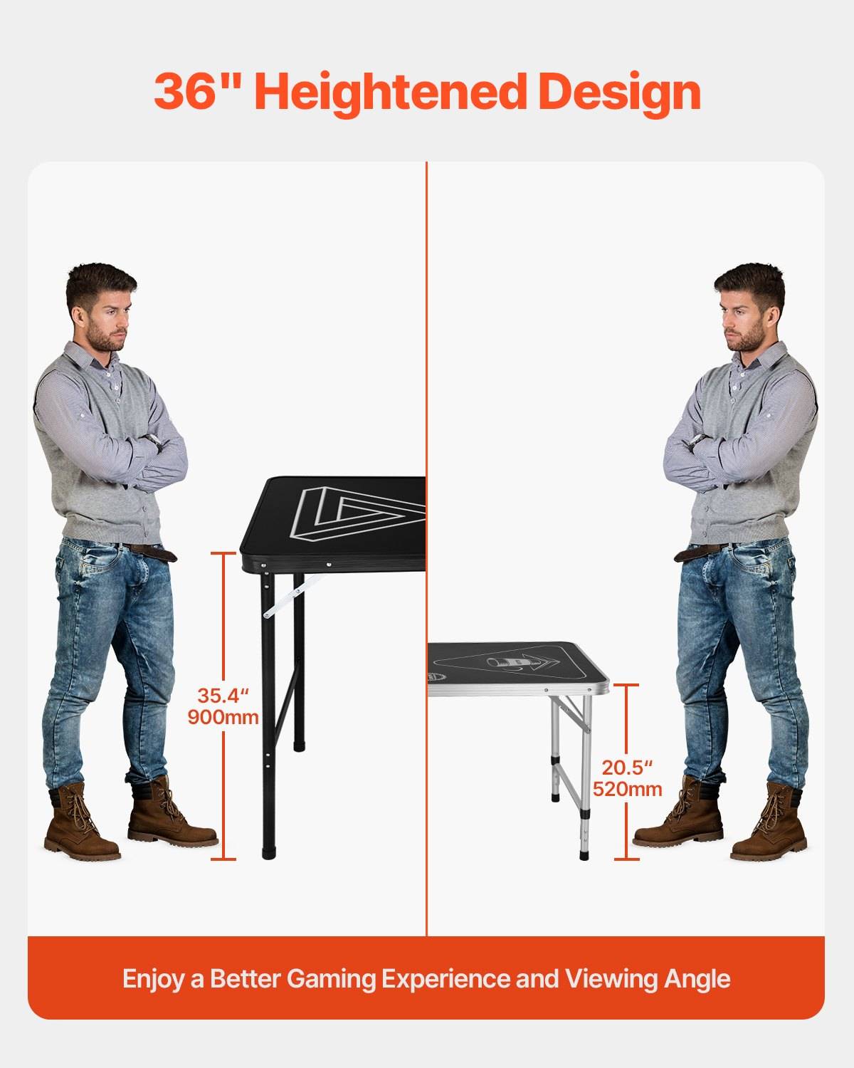 Vergleichsgrafik eines 36 Zoll hohen ergonomischen Gaming-Schreibtisches gegenüber einem Standard-Klapptisch mit Abmessungen von 35,4 Zoll (900 mm) und 20,5 Zoll (520 mm), die einen besseren Betrachtungswinkel hervorheben.