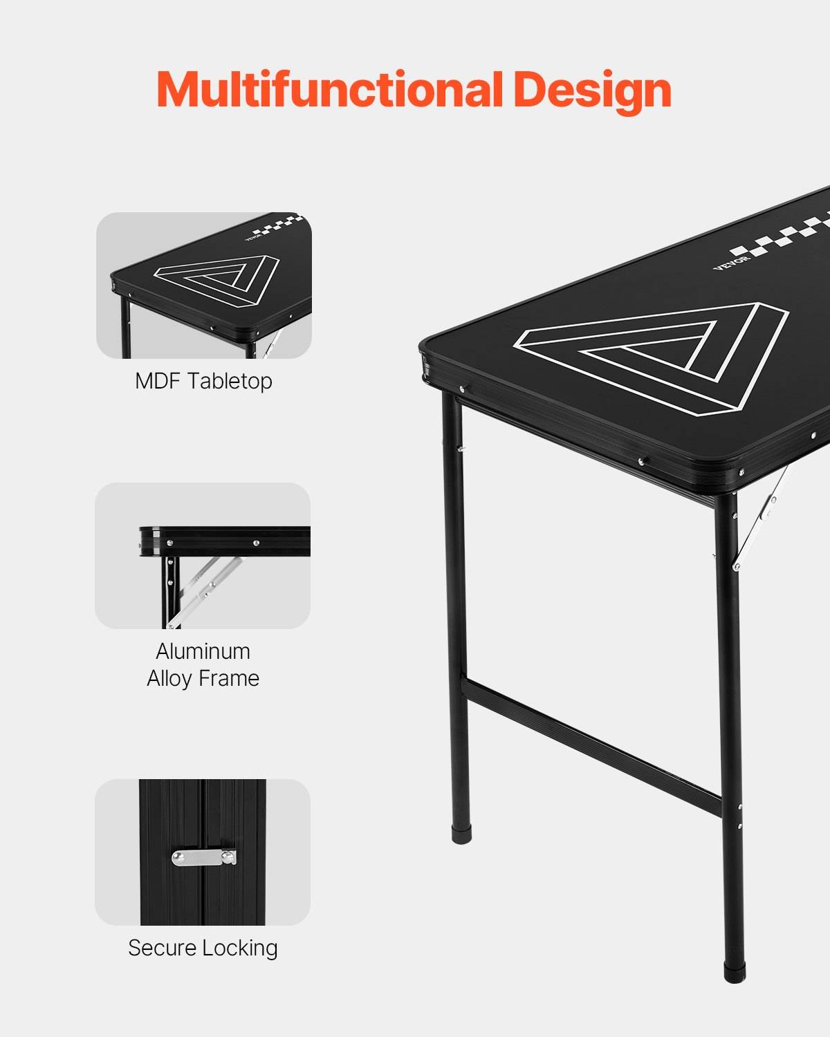 Werbebild eines schwarzen Klapptisches mit der Bezeichnung „Multifunktionales Design", das die MDF-Tischplatte, das Aluminiumlegierungsgestell und den sicheren Verriegelungsmechanismus hervorhebt.