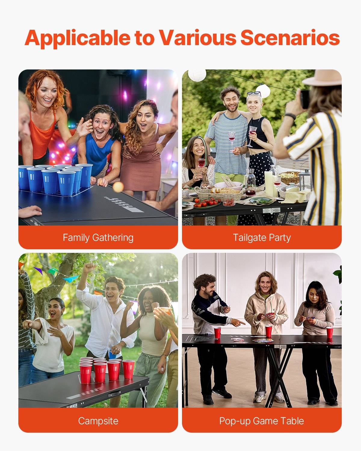 Collage mit dem Titel „Anwendbar in verschiedenen Szenarien" mit vier Einstellungen für ein Rotbecherstapler-Spiel: Familientreffen, Tailgate-Party, Campingplatz und Pop-up-Spieltisch.