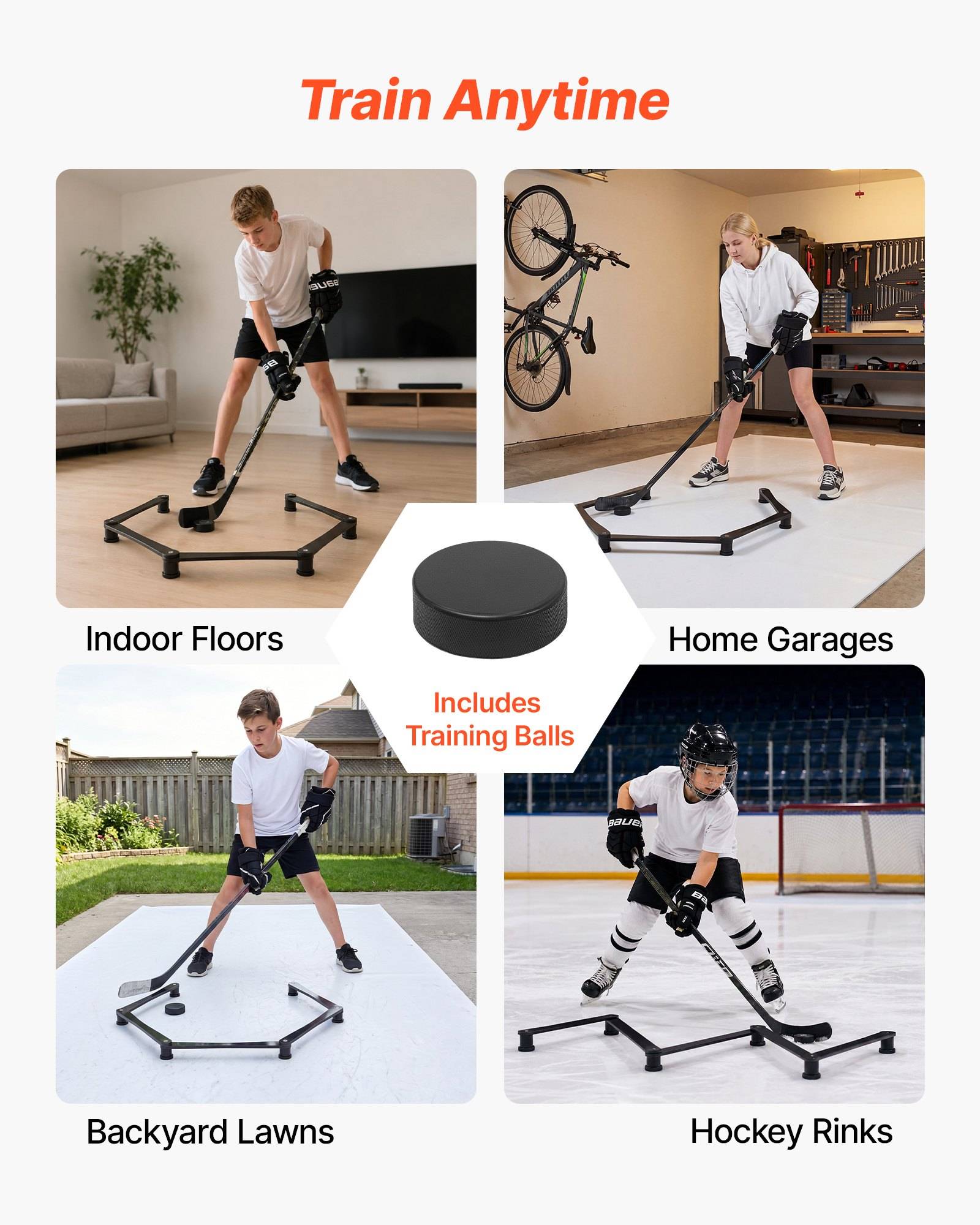 Werbebildet mit dem Titel „Jederzeit trainieren" zeigt ein Hockeytrainingsgerät, das auf Innenboden, Hausgaragen, Hinterhofrasen und Eishockeyhallen verwendet wird; enthält Trainingsbälle.