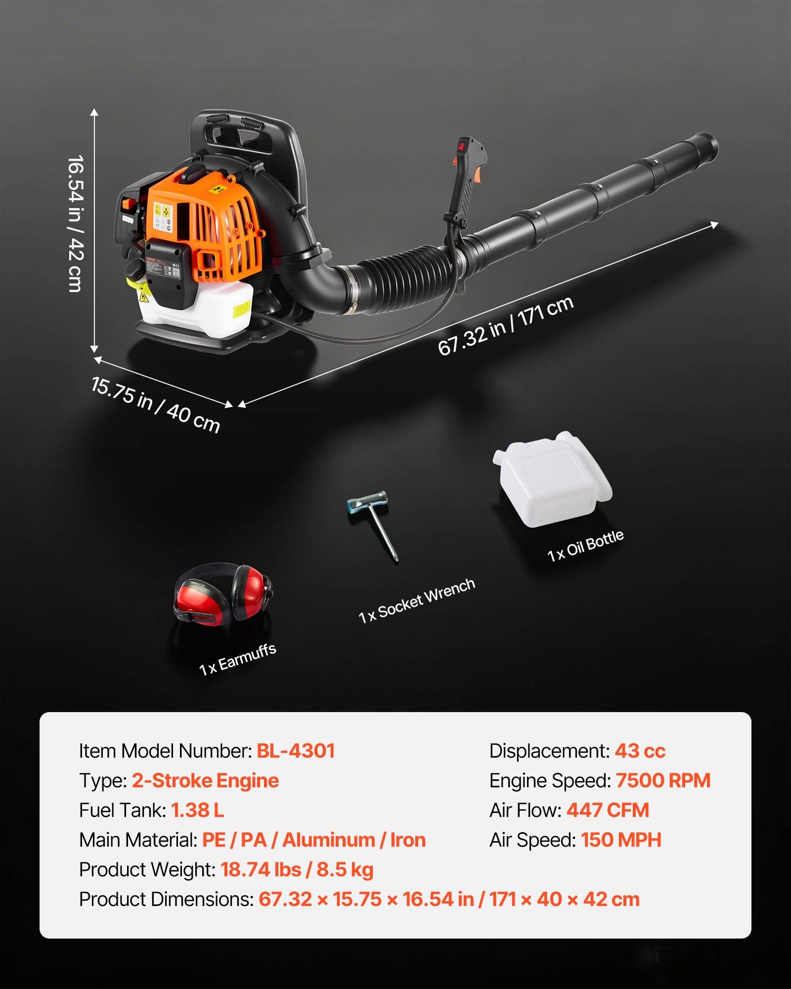 # Produktdiagramm eines 2-Takt-Motorgebläses/Staubsaugers mit Abmessungen und Spezifikationen: 43 ccm, 7500 U/min, 447 CFM Luftstrom, 150 MPH Luftgeschwindigkeit; Lieferumfang: Ohrenschützer, Schraubenschlüssel und Ölflasche.