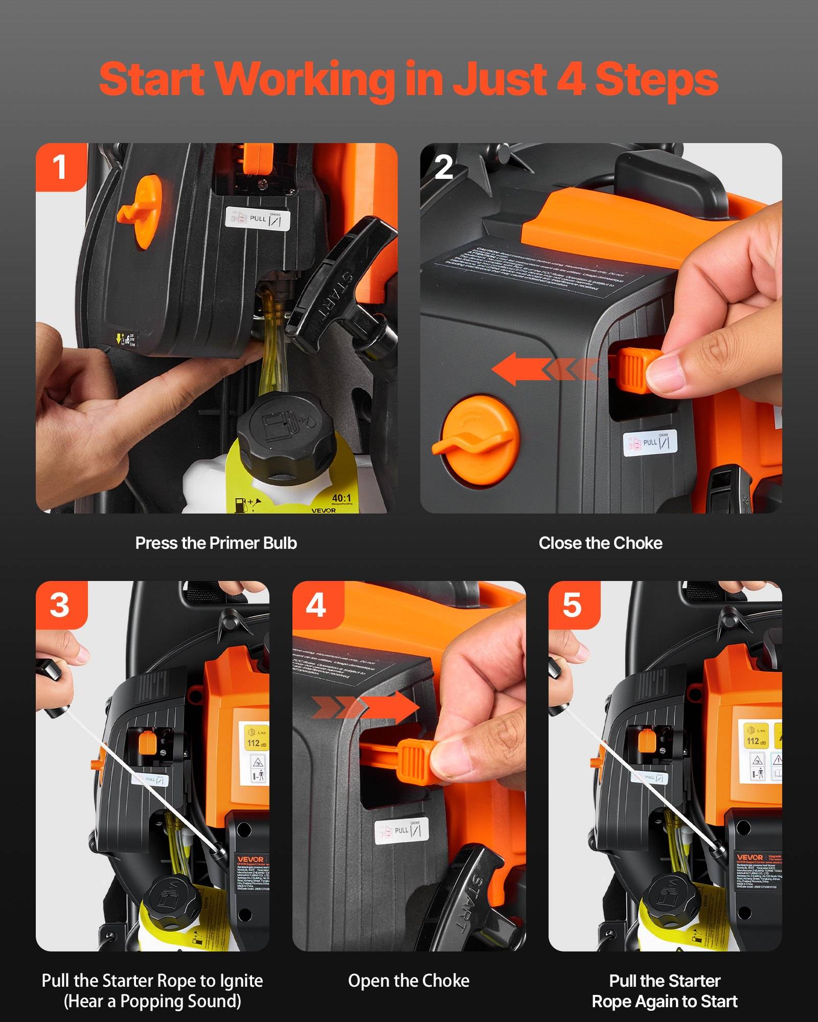 Anleitung mit dem Titel „Starten Sie in nur 4 Schritten" mit nummerierten Schritten zum Starten eines orange-schwarzen Motors: Drücken Sie den Primer-Kolben, schließen Sie die Drosselklappe, ziehen Sie das Starterseil, öffnen Sie die Drosselklappe und ziehen Sie erneut.