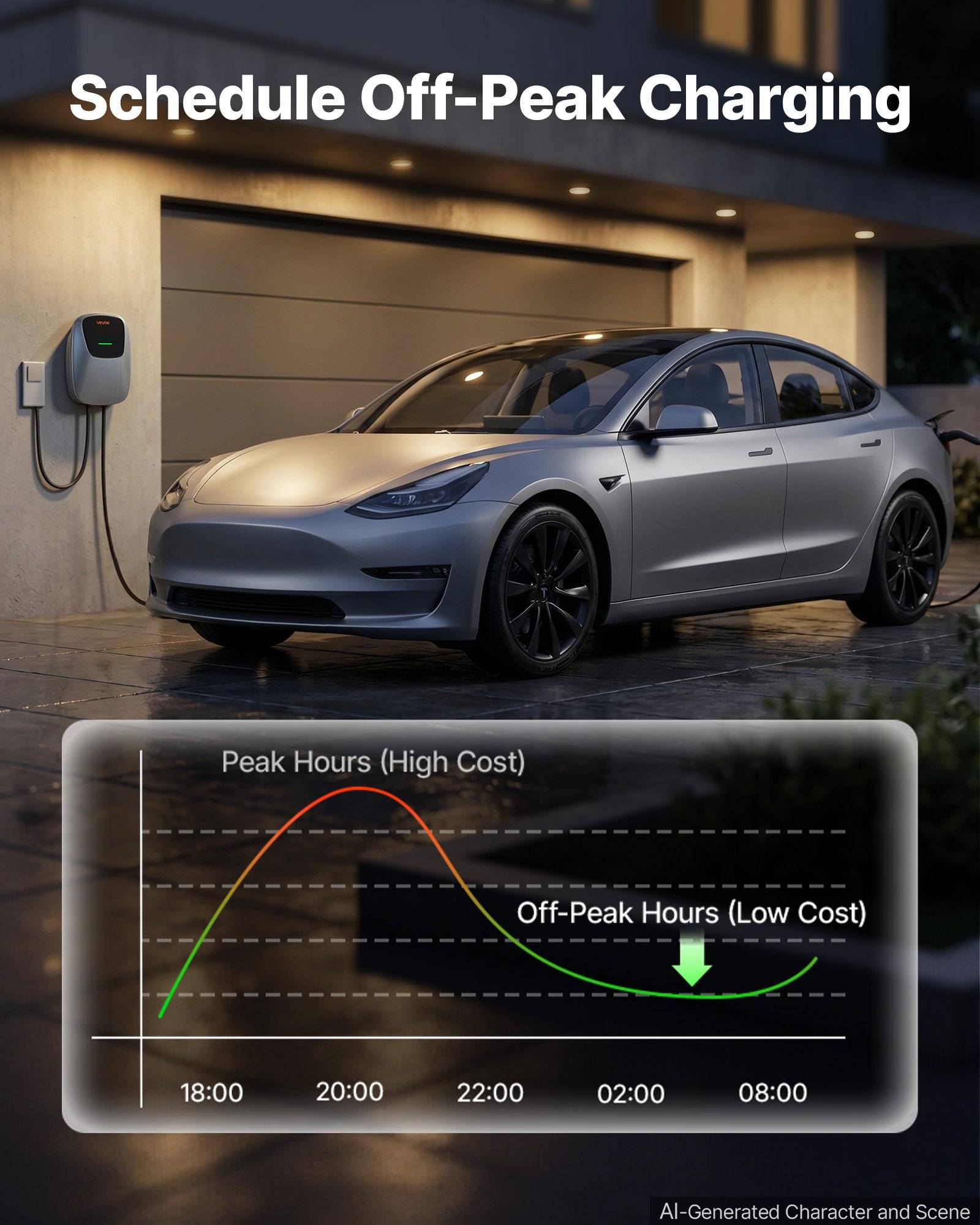Elektroauto an ein Heimladegerät angeschlossen mit Text „Laden in Off-Peak-Zeiten planen" und ein Diagramm, das Spitzenlast-Hochkostenzeiten tagsüber im Vergleich zu Off-Peak-Niedrigkostenzeiten in der Nacht zeigt.