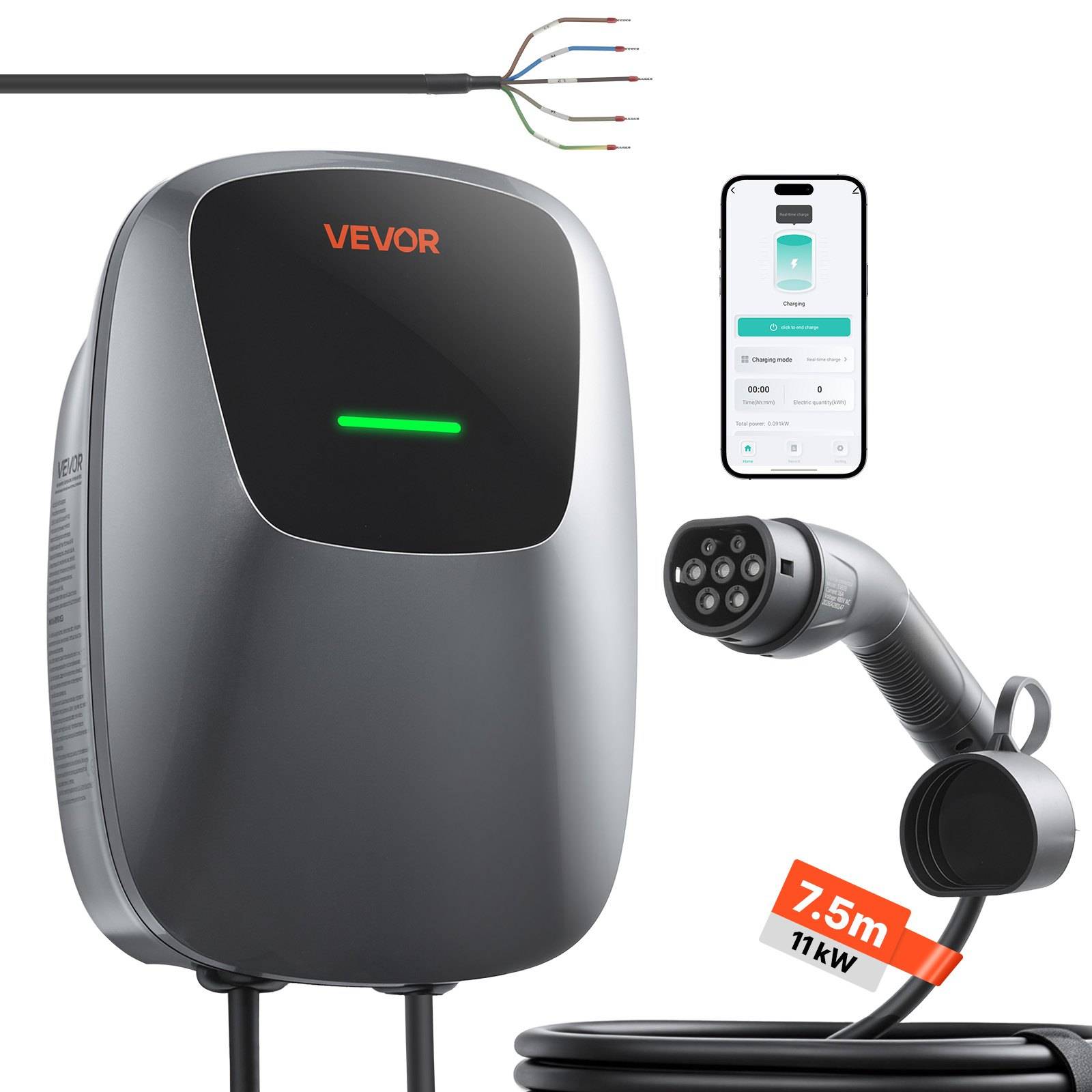 VEVOR Elektrofahrzeug-Ladegerät mit angebautem Kabel und Stecker, Smartphone-App-Steuerungsanzeige und 7,5m 11kW-Etikett auf weißem Hintergrund.