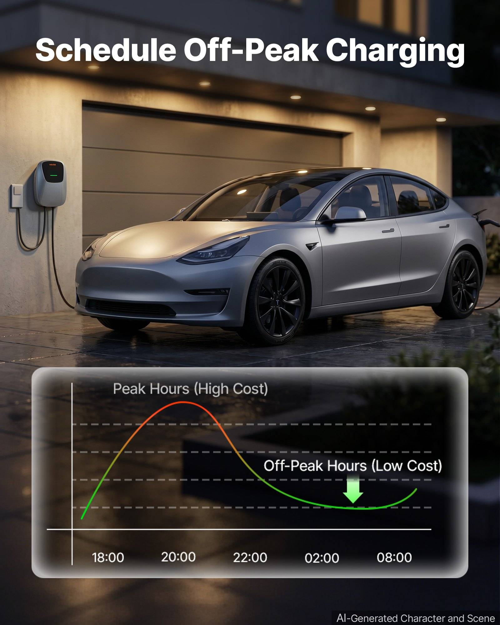 Plakat, das ein Tesla zeigt, das zu Hause geladen wird, mit dem Titel „Laden außerhalb der Spitzenlastzeiten planen" und einer Kostenkurve, die Spitzenlastzeiten mit hohen Kosten und außerhalb der Spitzenlastzeiten mit niedrigen Kosten hervorhebt.