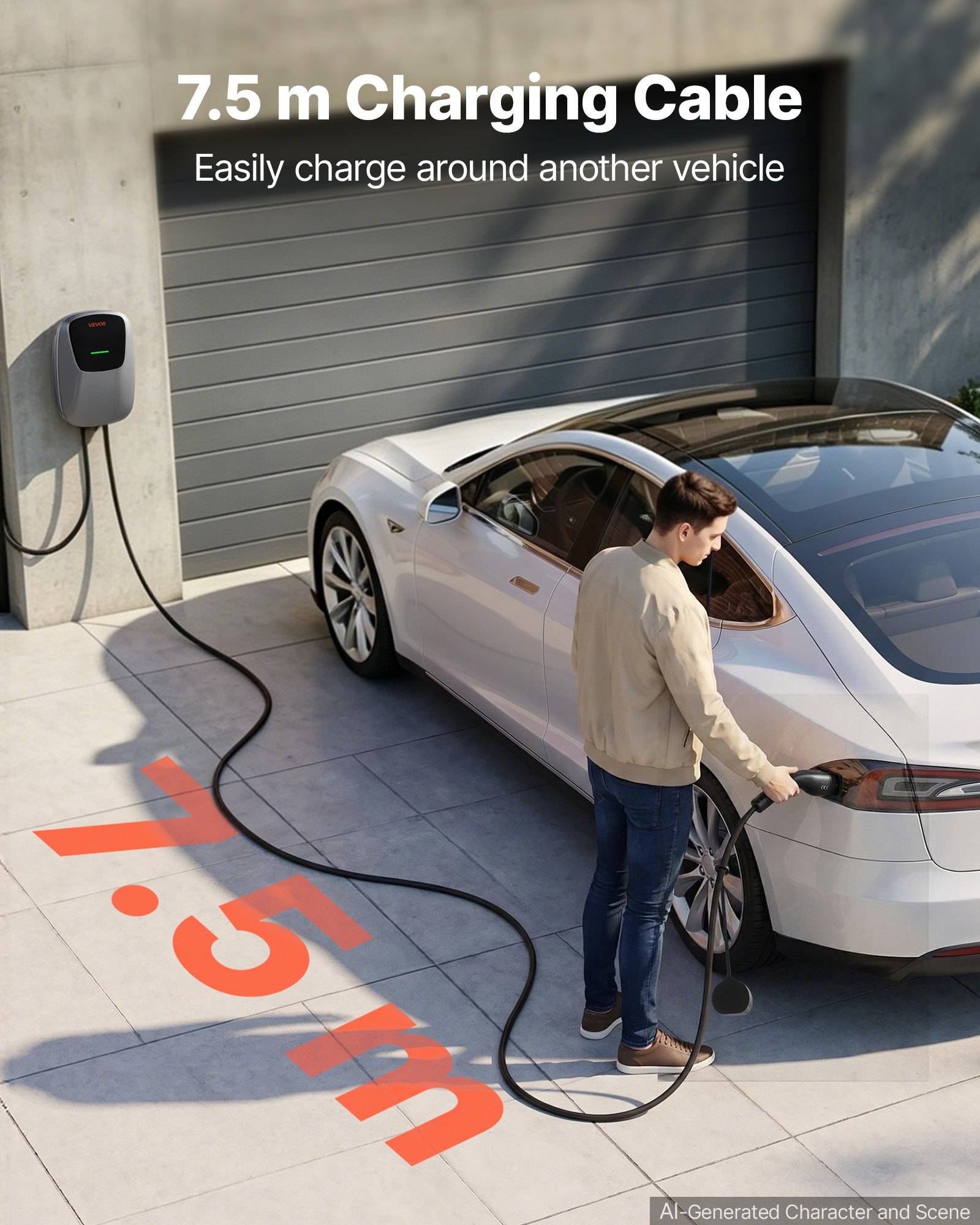 Elektroauto wird neben einer Garage aufgeladen, mit Text „7,5 m Ladekabel" und „Einfaches Aufladen neben einem anderen Fahrzeug"" mit Hervorhebung des langen Kabels, das um das Auto herum reicht.