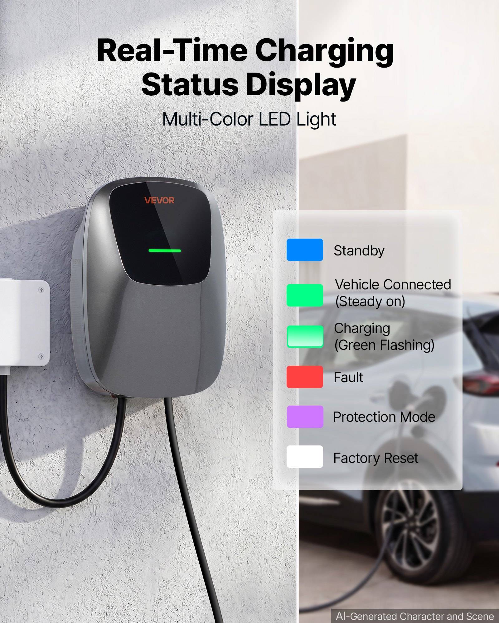 Wandmontiertes EV-Ladegerät mit "Live-Ladestatus-Anzeige"" und Farblegende für Standby, verbunden, Laden, Fehler, Schutzmodus und Werkseinstellung.