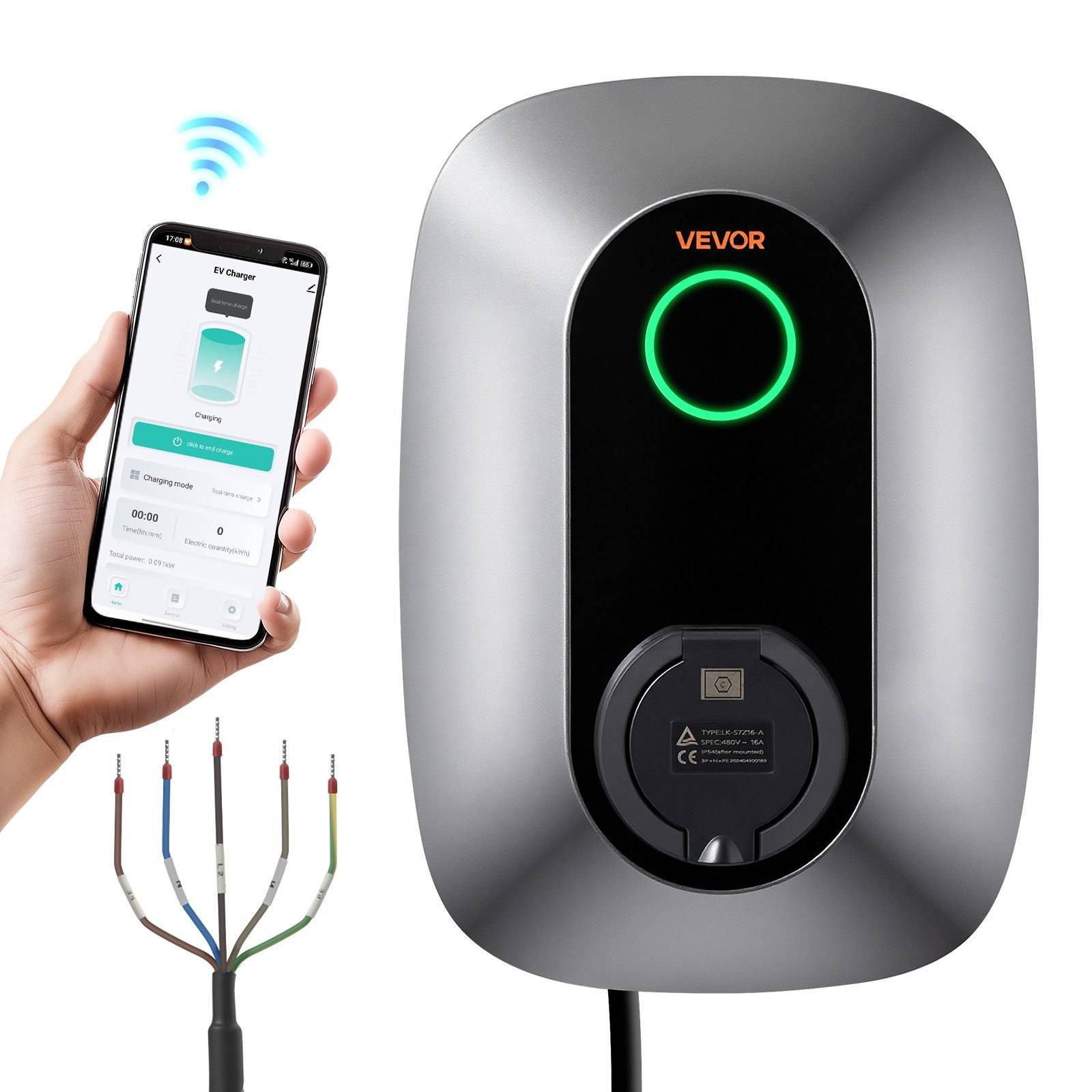Intelligentes EV-Ladegerät mit leuchtender Statusanzeige, dargestellt mit einer Telefon-App zur kabellosen Steuerung und einem Ladekabelstecker.