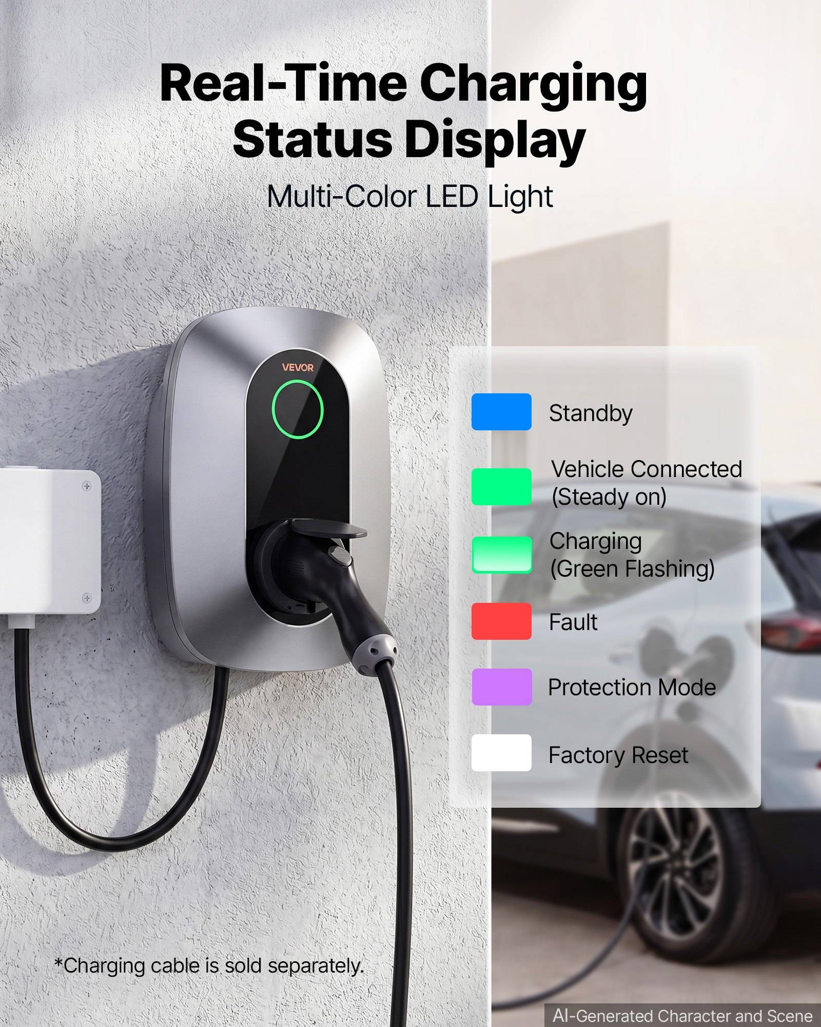 EVVO wandmontiertes EV-Ladegerät mit leuchtender Statusanzeige; die Legende zeigt LED-Zustände: Bereitschaft, Fahrzeug verbunden, Laden, Fehler, Schutzmodus und Werksrücksetzung.
