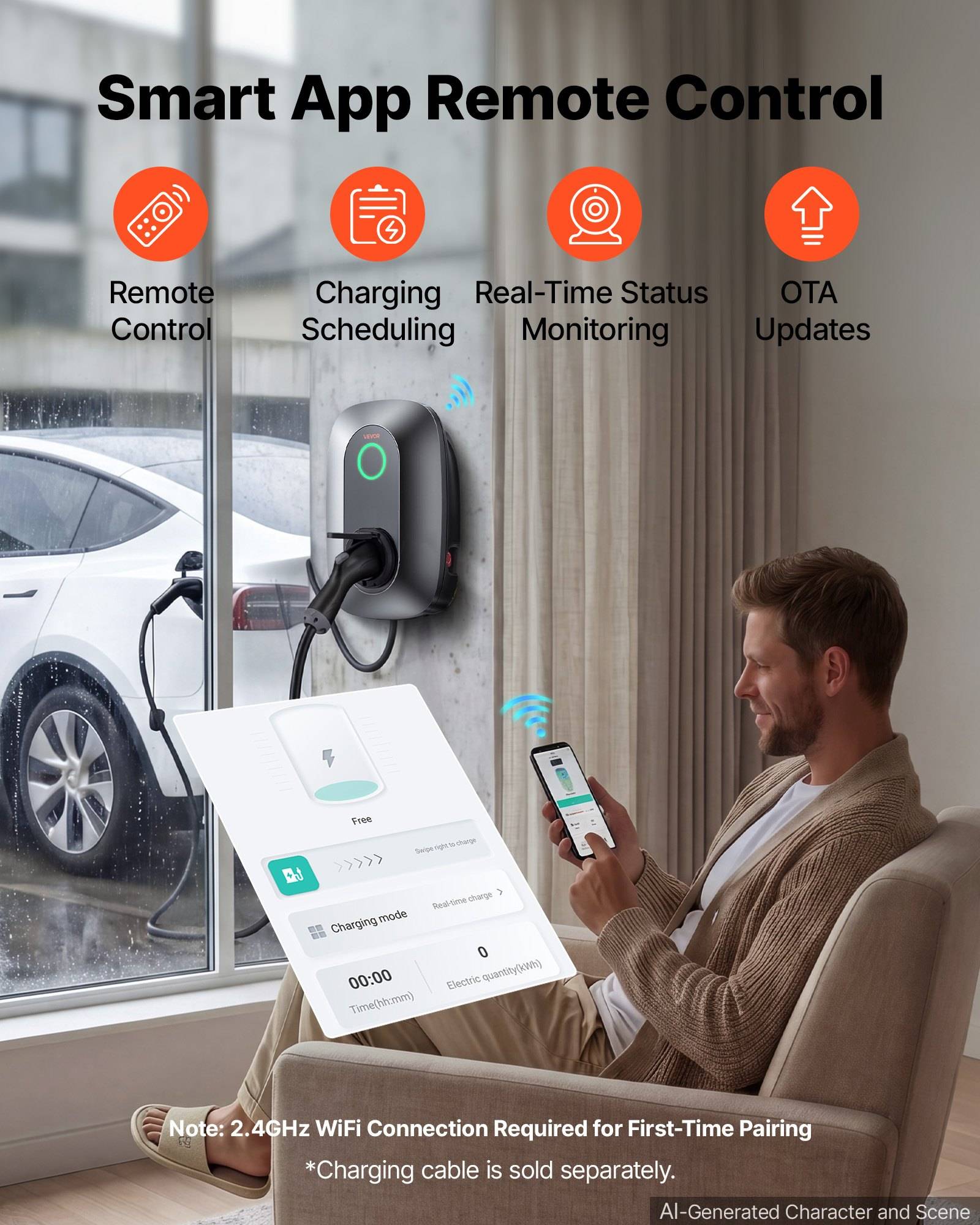 Intelligente App-Steuerung für das Laden mit einem Mann, der sein Telefon nutzt, um eine EV-Wandladestation zu verwalten, mit folgenden Funktionen: Fernsteuerung, Ladeplanung, Echtzeit-Statusüberwachung und OTA-Updates.