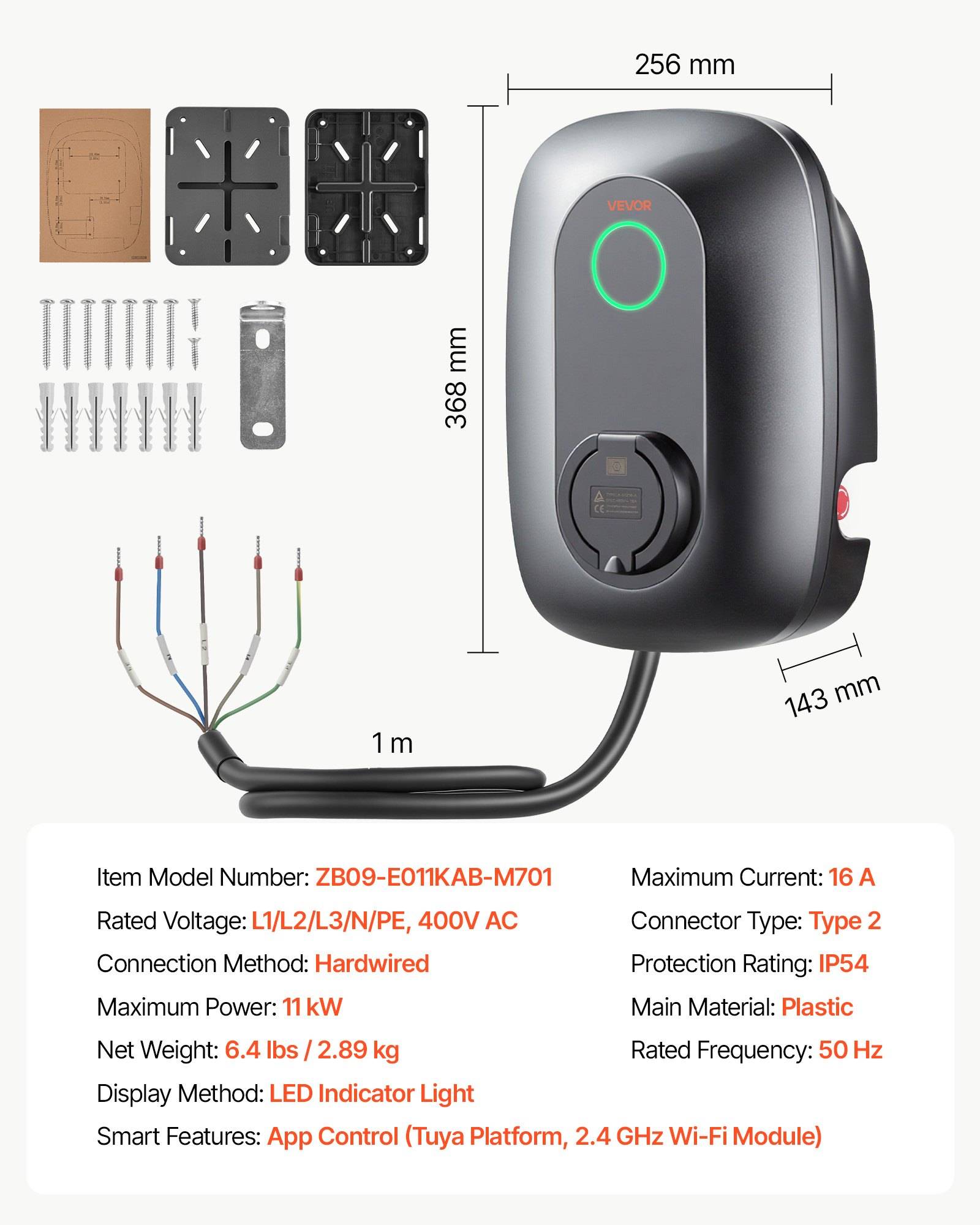 Wandmontiertes Elektrofahrzeug-Ladegerät-Set mit 1 m Kabel und Installationszubehör, zeigt Produktabmessungen und Spezifikationen: 16 A, Typ 2, IP54, 11 kW, 400 V AC, App-Steuerung.