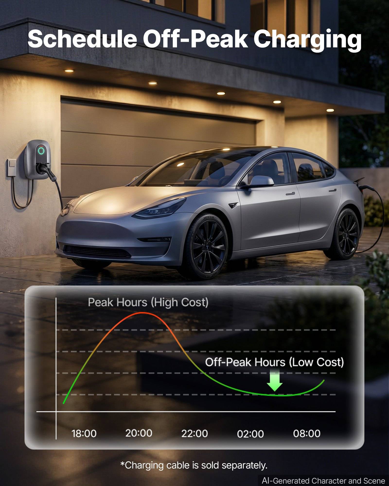 Elektroauto zu Hause aufladen mit der Überschrift „Laden in Off-Peak-Zeiten planen" und einem Kostengraphen, der hohe Spitzenlastzeiten und niedrige Off-Peak-Zeiten anzeigt.