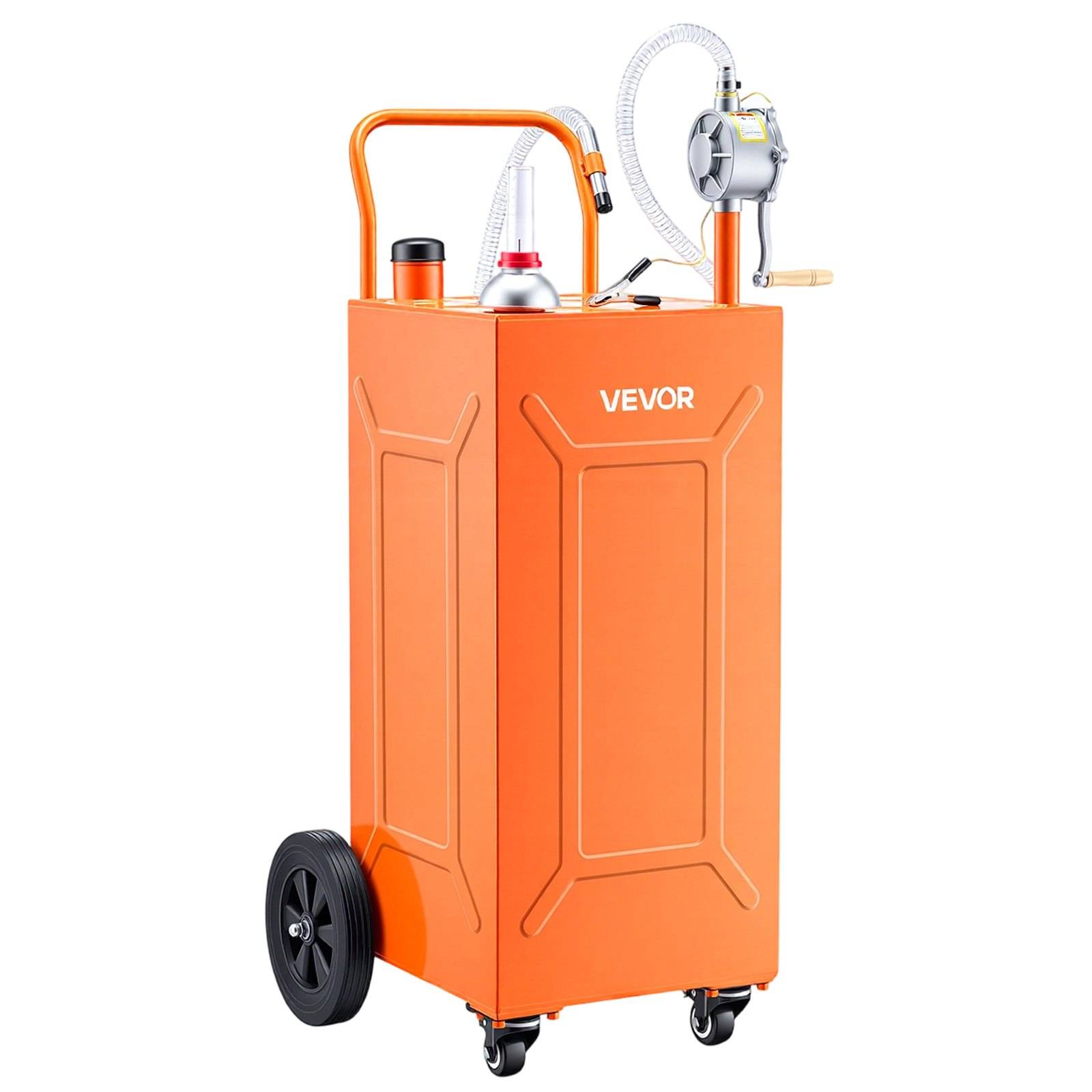 Orange VEVOR Fluidabsauganlage auf Rädern mit Pumpe, Schläuchen und Griff, dargestellt als tragbare Werkstattmaschine.