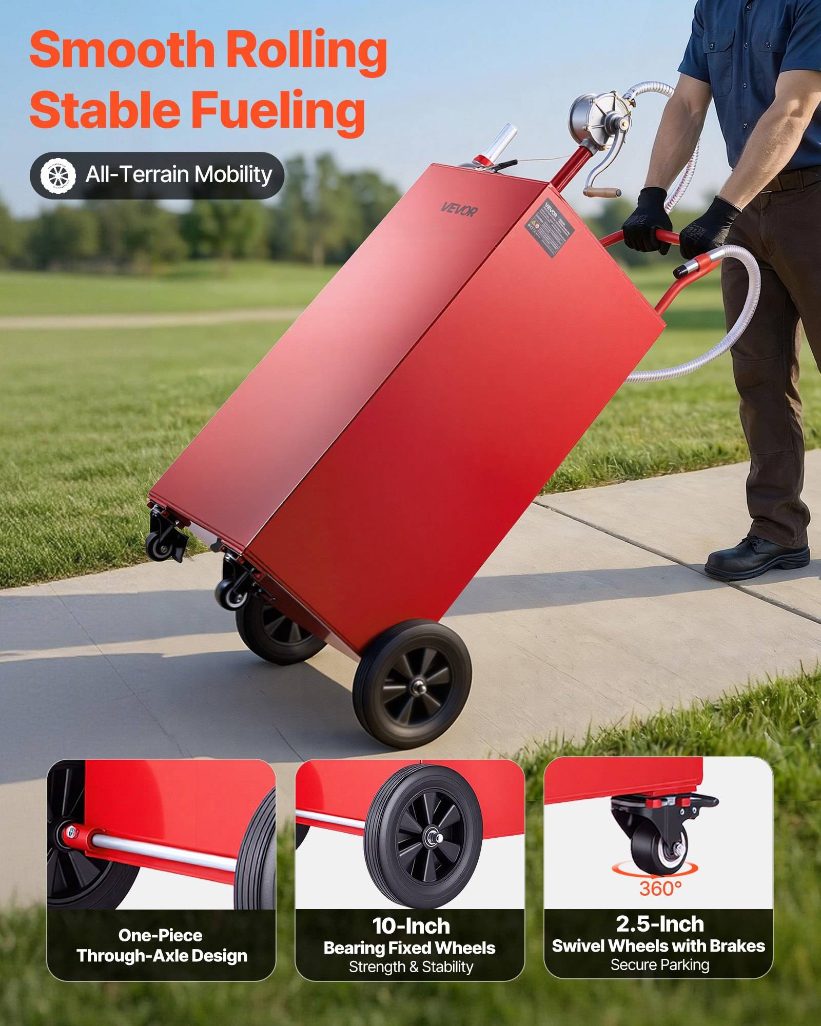 Person schiebt einen roten Kraftstoffwagen mit Rädern im Freien auf einem Gehweg; der Text lautet „Smooth Rolling Stable Fueling