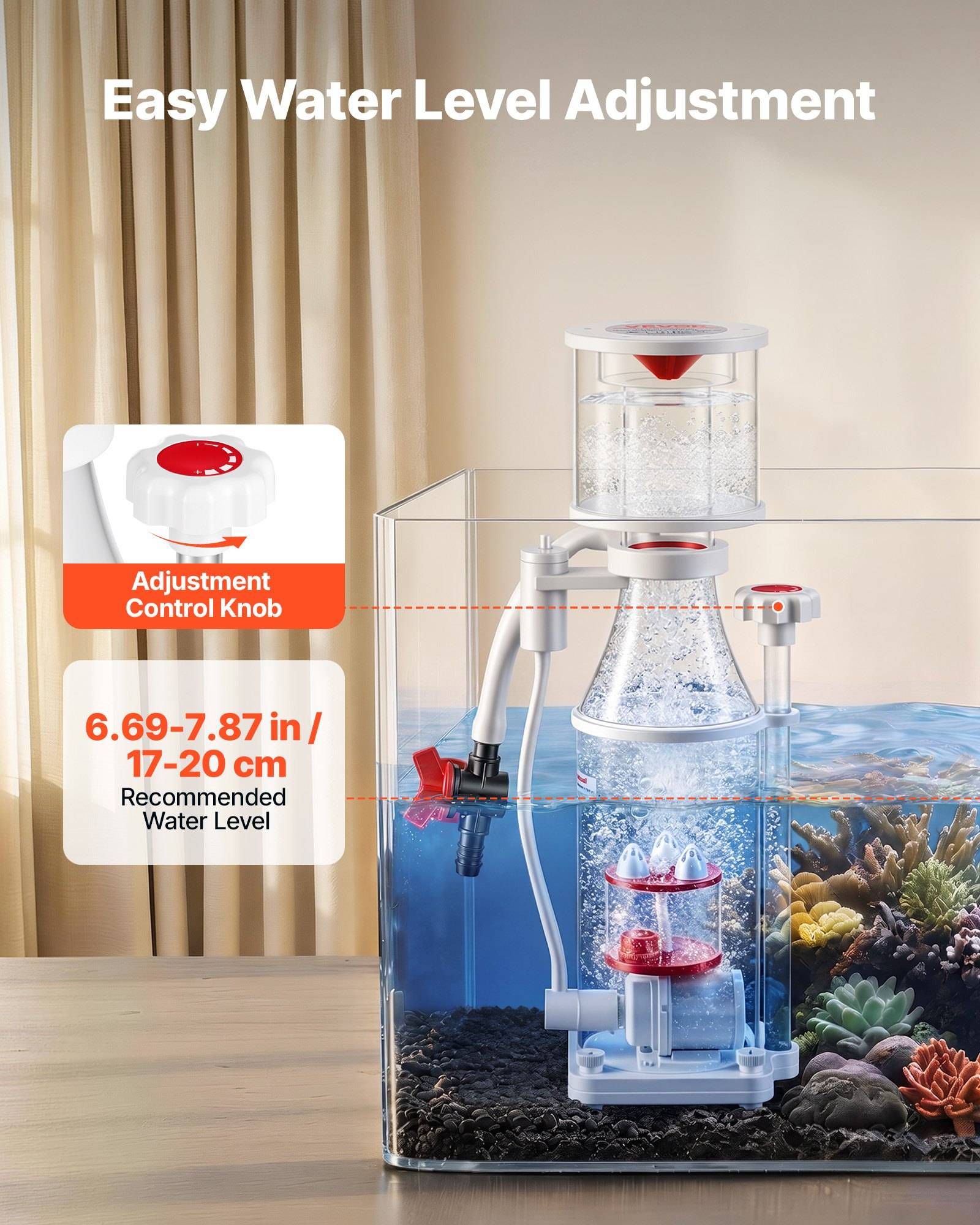 Produktinfografik mit einem Aquariumabschäumer mit der Aufschrift „Einfache Wasserspiegeleinstellung