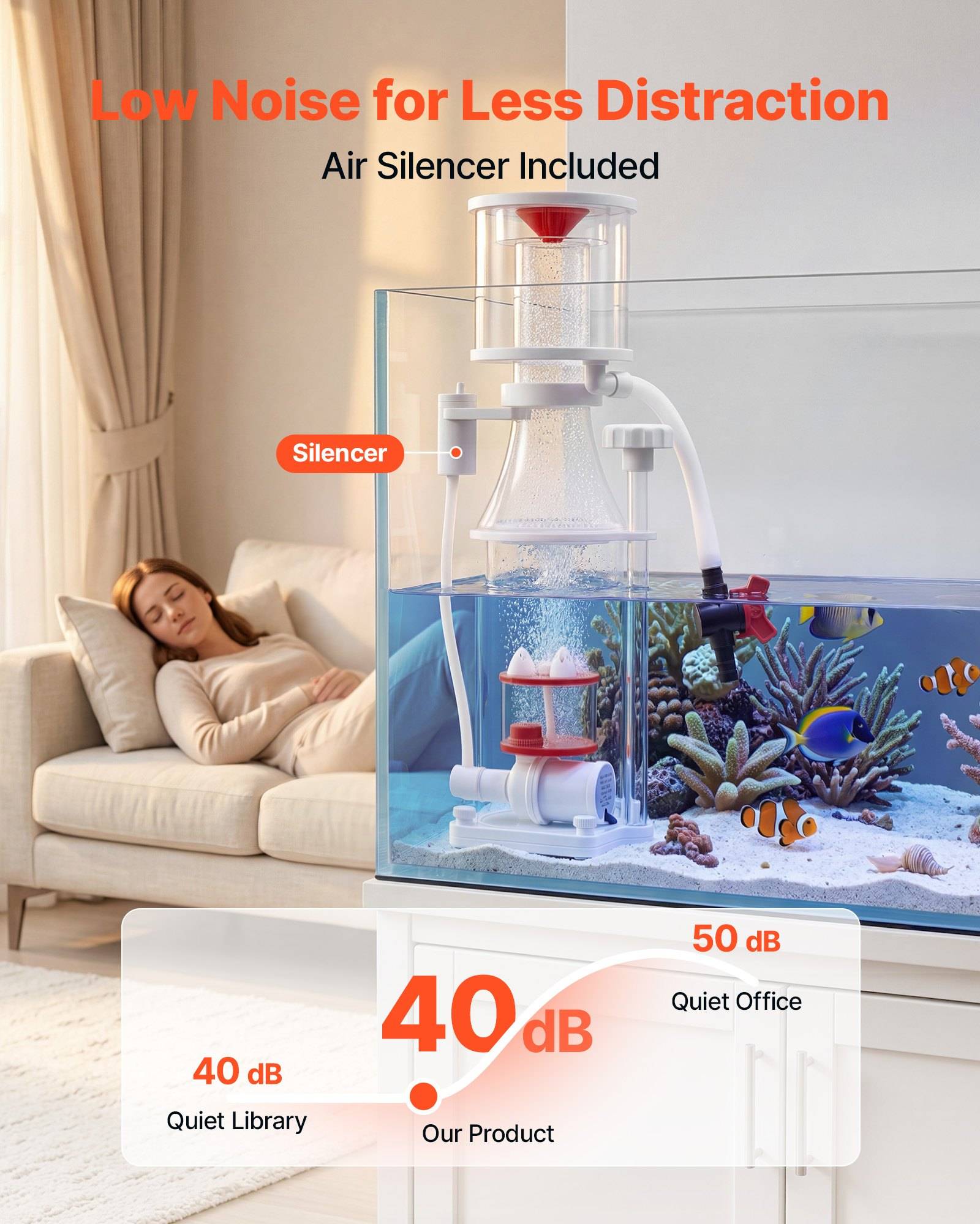 Anzeige für einen Aquarium-Luftentlüfter mit einer schlafenden Frau neben einem Aquarium und dem Text „Niedriger Lärmpegel für weniger Ablenkung