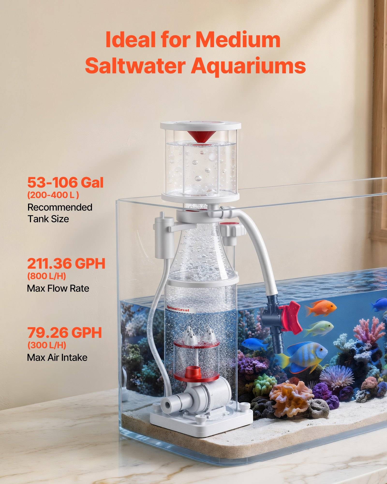 Produkt-Infografik eines Eiweißabscheiders für mittlere Salzwasseraquarien, mit der Aufschrift 