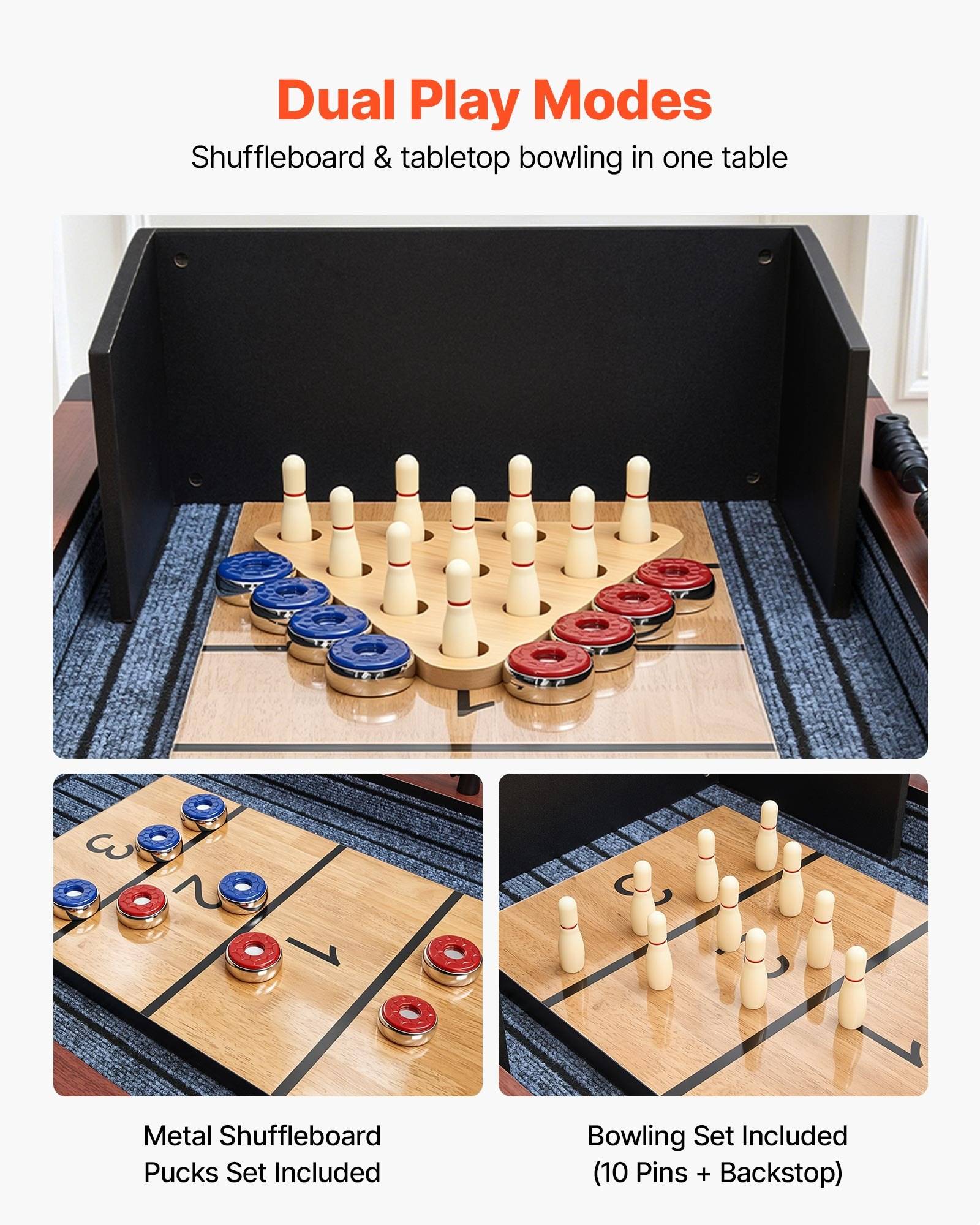 Werbebild, das einen Spieltisch mit zwei Spielmodi zeigt: Shuffleboard mit Metallpucks und Tischbowling mit 10 Pins und einer Rückwand.