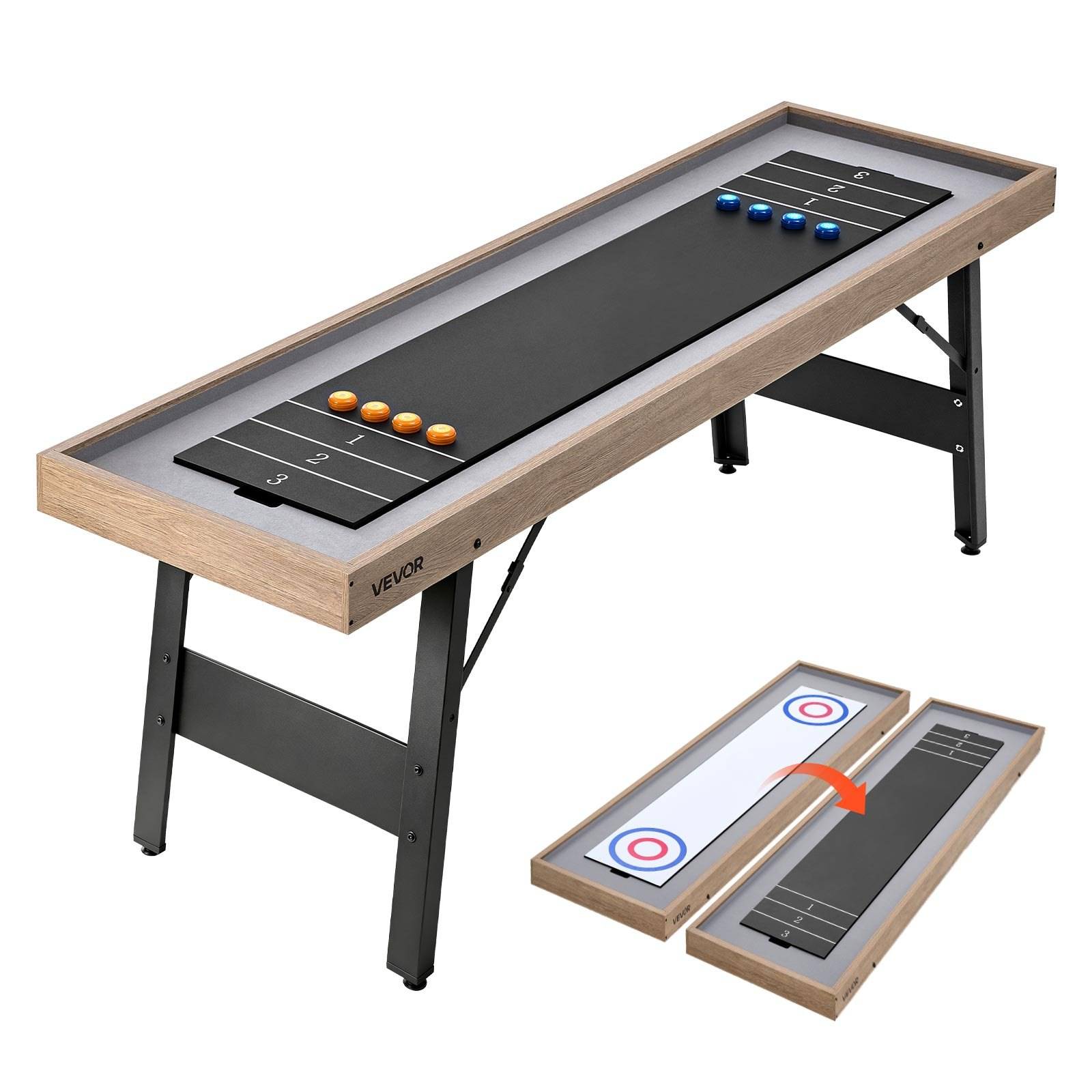 Holztischshuffleboard mit blauen und orangefarbenen Pucks an gegenüberliegenden Scoring-Enden, plus ein kleines Einsatzbild, das das Ziel- und Scoring-Layout zeigt.