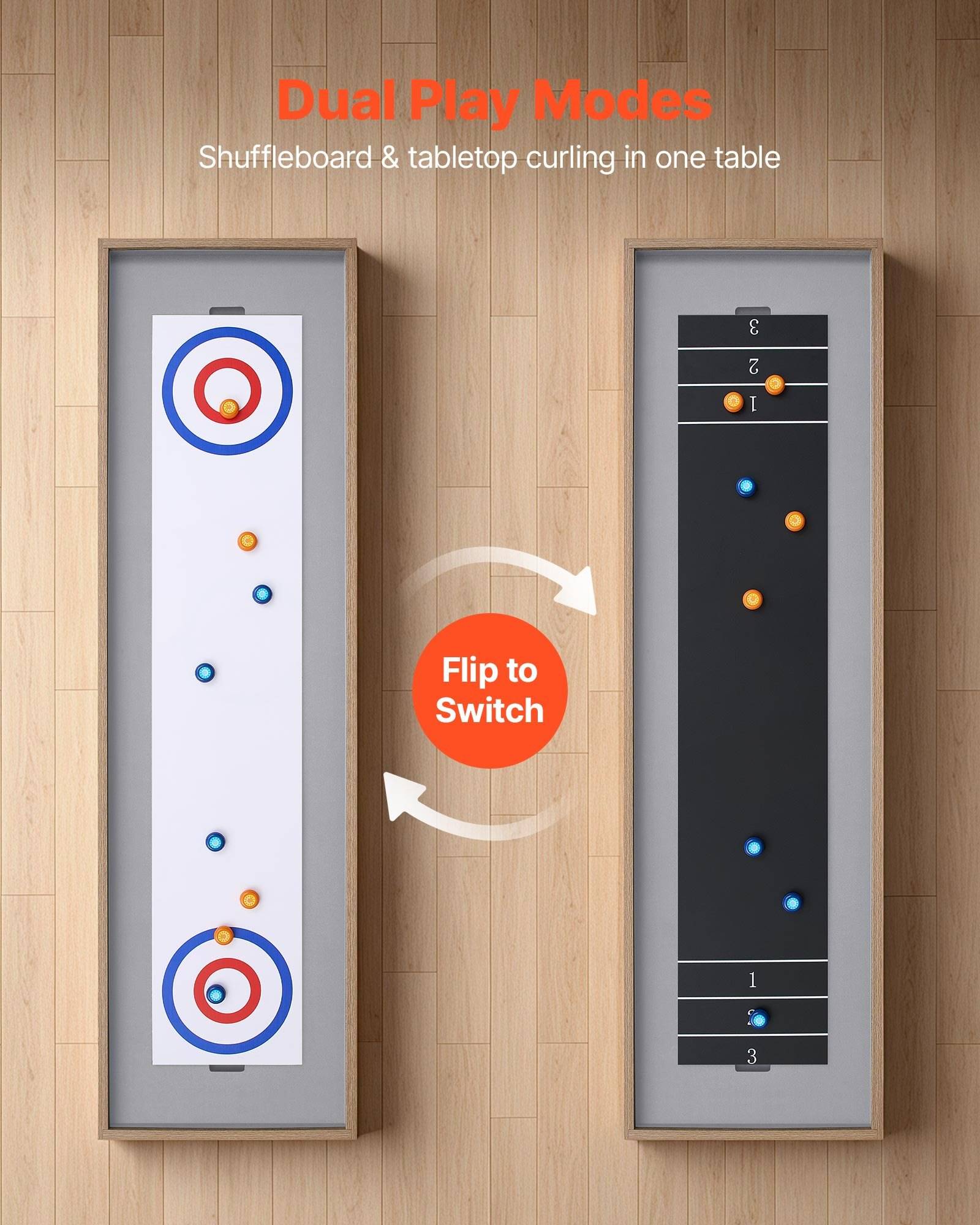 Werbegrafikk eines umkehrbaren Spieltisches mit „Dual Play Modes": Shuffleboard auf der einen Seite und Tischcurling auf der anderen Seite, mit einem zentralen „Flip to Switch""-Pfeil.