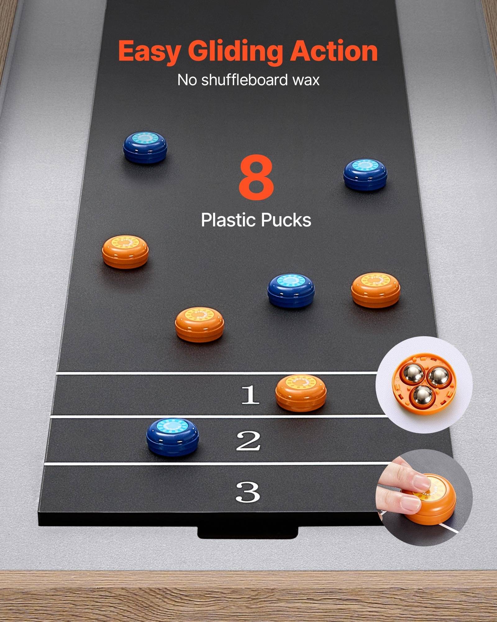 Produktbild eines Shuffleboard-ähnlichen Bretts mit der Bezeichnung „Easy Gliding Action" und „Kein Shuffleboard-Wachs"", das 8 Kunststoffpucks und nummerierte Spuren 1 bis 3 zeigt, mit Nahaufnahmen der Puck- und Handhabung.
