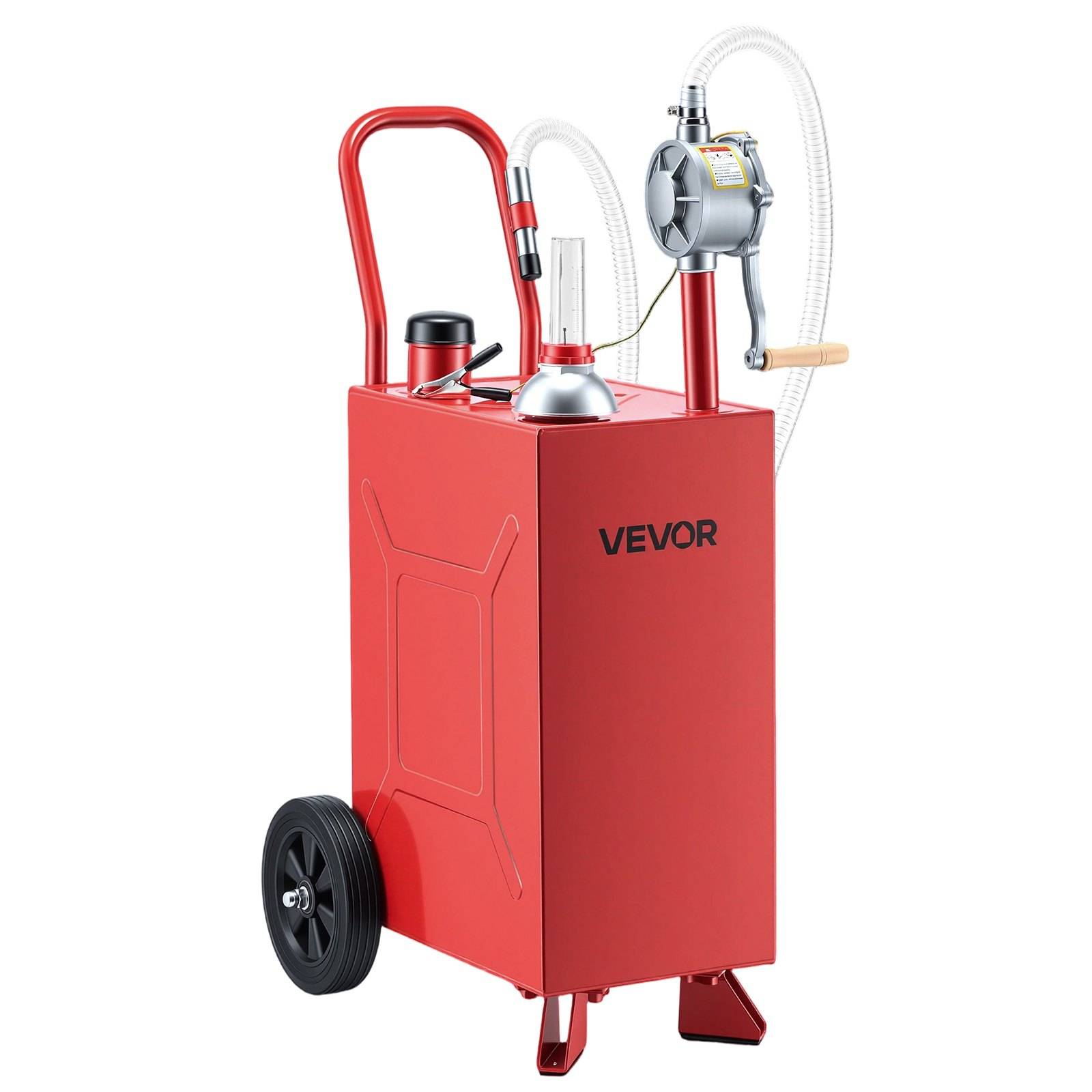 Roter fahrbarer VEVOR-Ölablassbehälter mit Schläuchen, Manometer und Handpumpe zum Sammeln von Altöl.