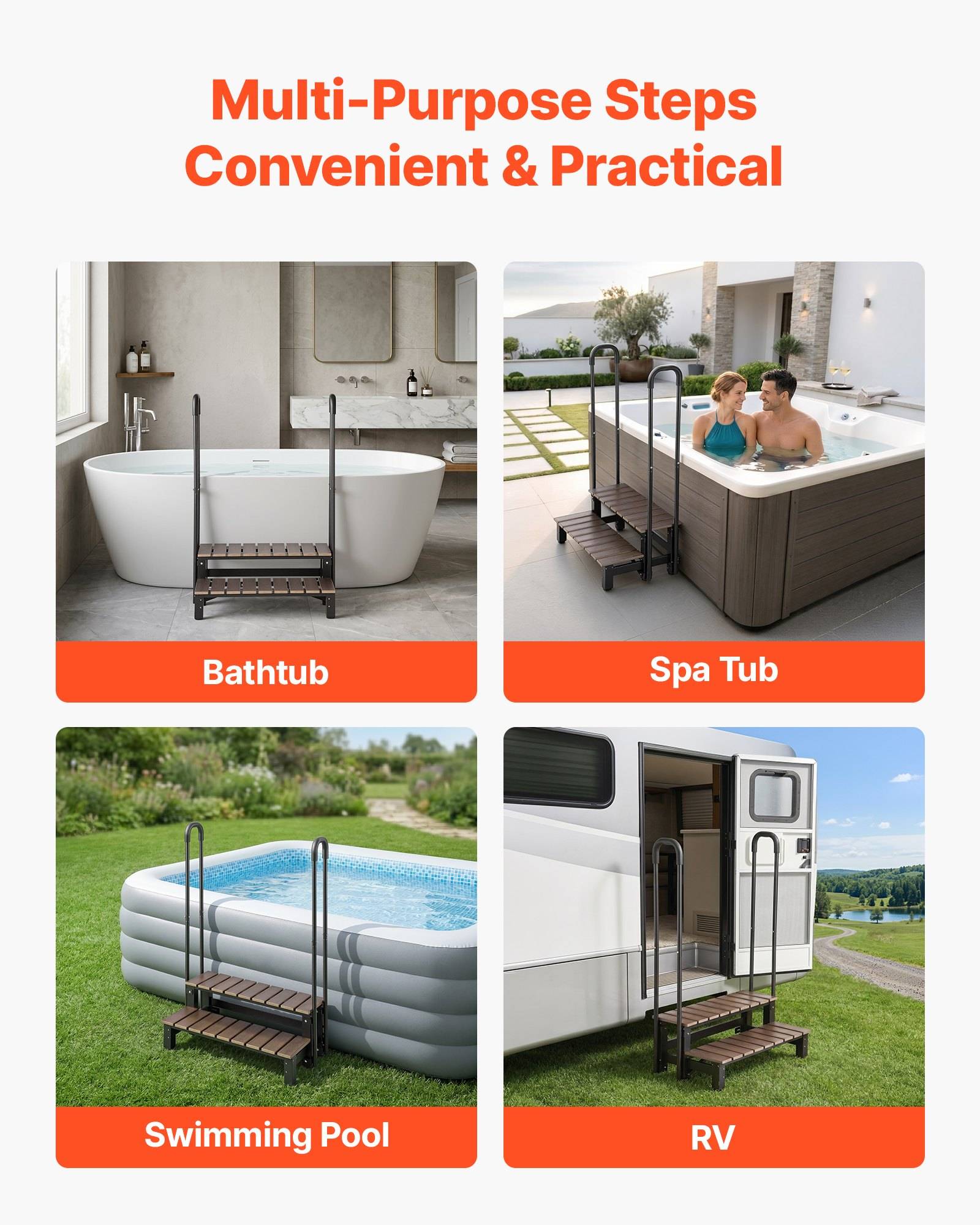 Werbegrafikk mit dem Titel „Mehrzweck-Trittstufen Bequem & Praktisch" zeigt Stufen verwendet mit einer Badewanne, Whirlpool, Schwimmbad und Wohnmobil.