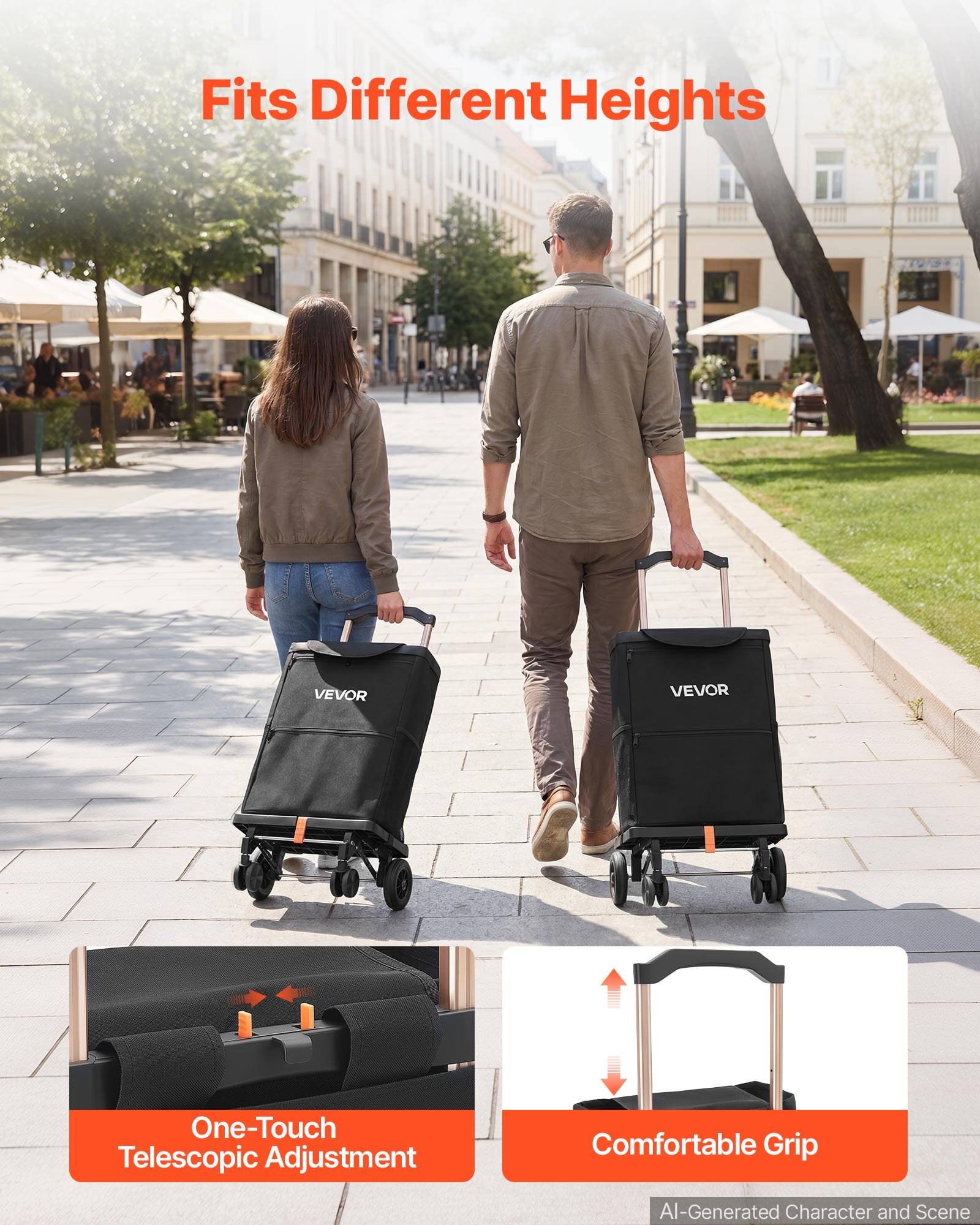 Zwei Personen gehen draußen und ziehen VEVOR-Transportwagen, mit Detailansichten, die die einhändige Teleskop-Höhenverstellung und den ergonomischen Griff hervorheben.