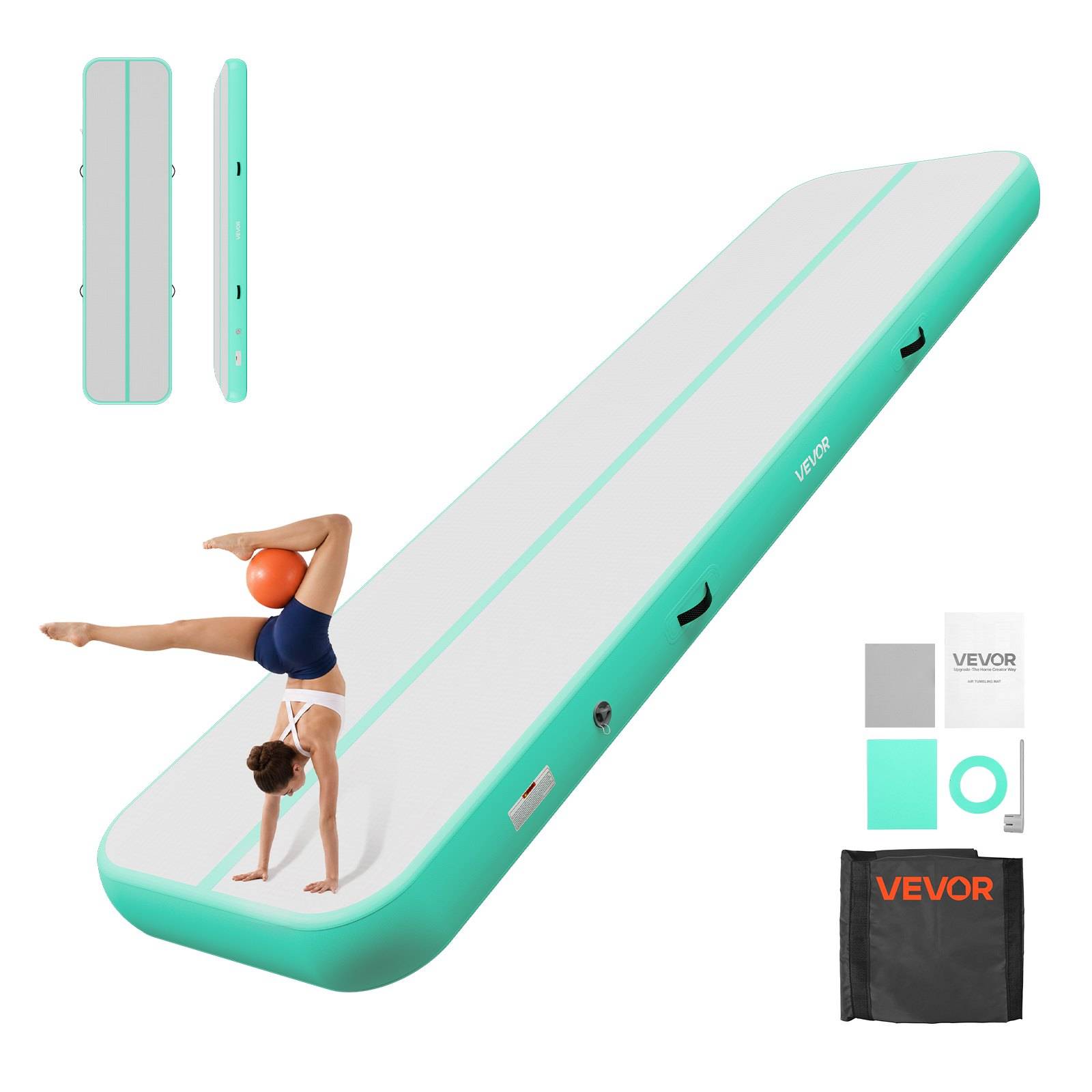 Aufblasbarer Gymnastik-Luftbahn-Matte mit einer Person, die einen Handstand und eine Spagat-Position macht, plus enthaltene Pumpe, Reparaturset und Tragetasche.