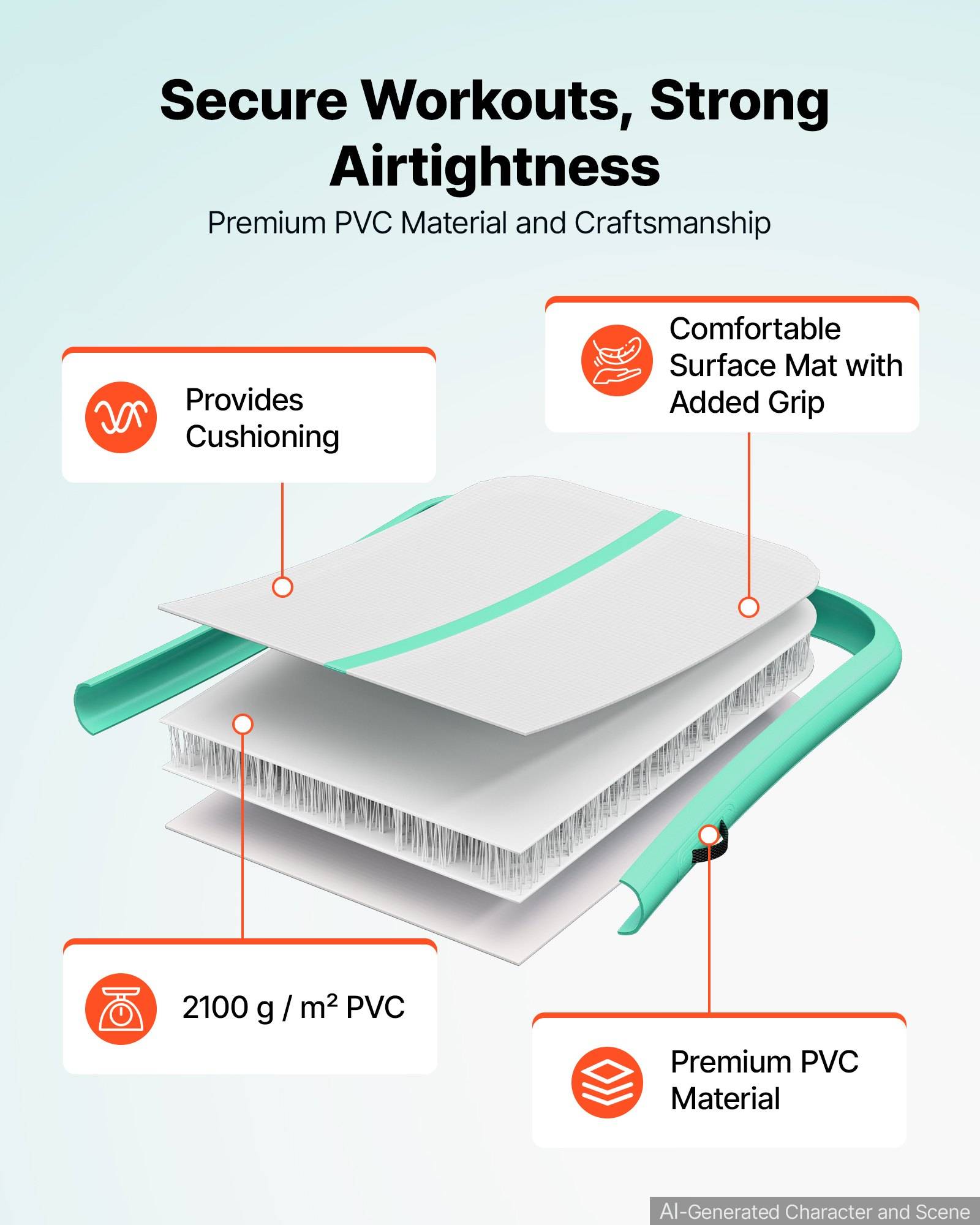 Infografik einer PVC-Yogamatte, die sichere Workouts und Luftdichtheit zeigt, mit Beschriftungen für Polsterung, rutschfeste Oberflächengriffy, 2100 g/m² PVC und Premium-PVC-Material.