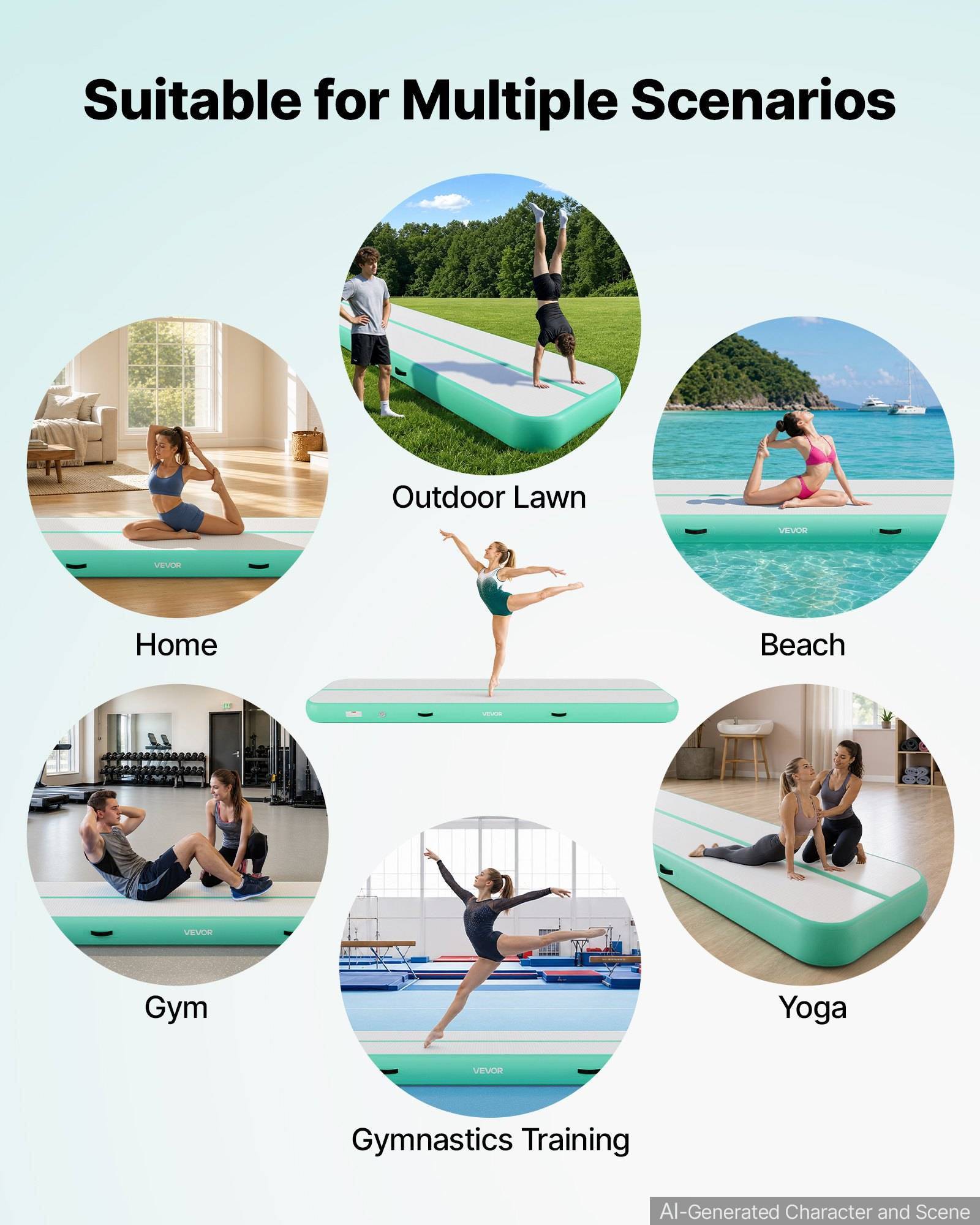 Werbegrafik mit dem Titel „Geeignet für mehrere Szenarien" mit einer türkisen aufblasbaren Matte, die für zu Hause, Rasen im Freien, Strand, Fitnessstudio, Yoga und Gymnastics-Training verwendet wird.