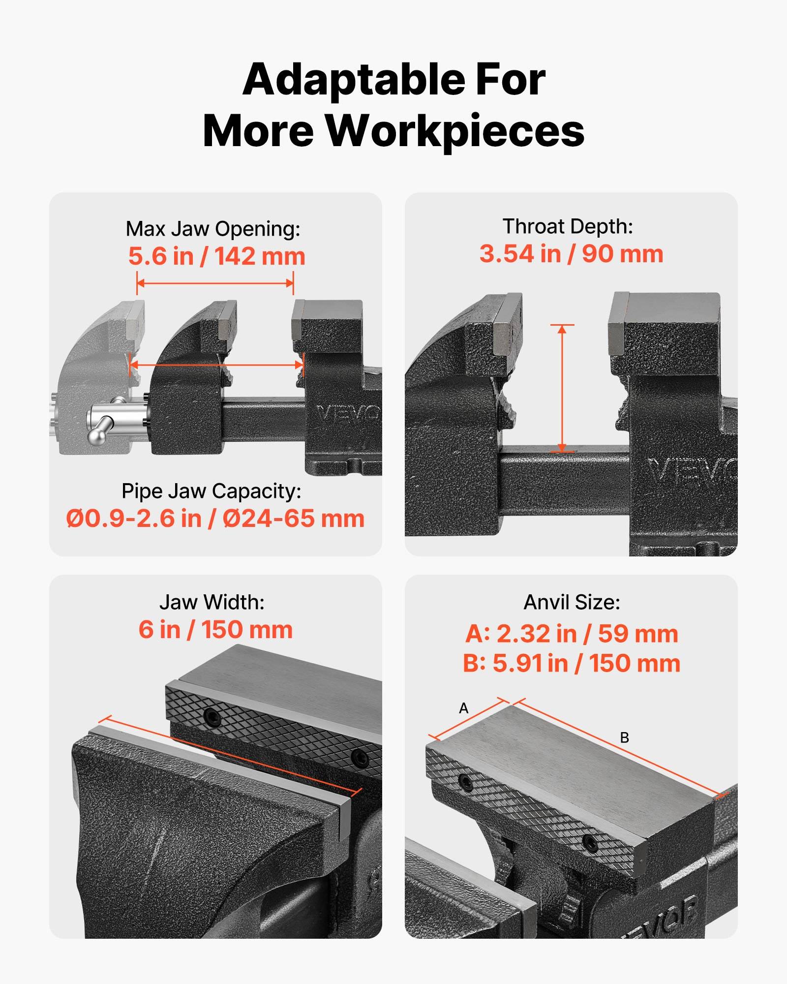 Schraubstock-Passformdiagramm mit dem Titel „Für mehr Werkstücke anpassbar" mit folgenden Angaben: maximale Backenöffnung 5,6 Zoll/142 mm, Kehlentiefe 3,54 Zoll/90 mm, Rohrbackenkapazität 0,9–2,6 Zoll/24–65 mm, Backenbreite 6 Zoll/150 mm und Ambossabmessungen 2,32 x 5,91 Zoll/59 x 150 mm.