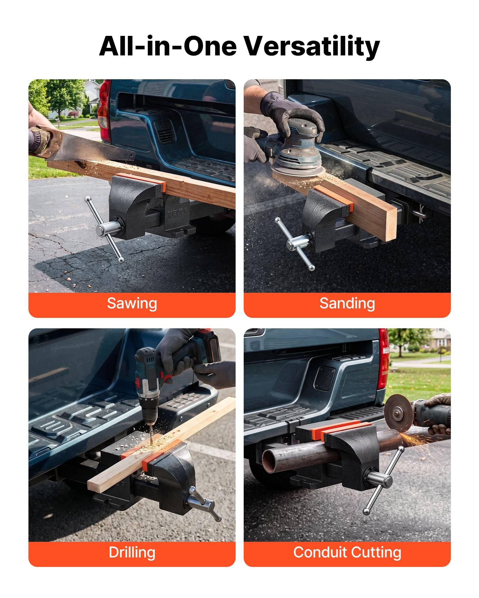 Produktdemo-Grafik mit dem Titel „All-in-One Versatilität" zeigt eine LKW-montierte Klemme, die zum Sägen, Schleifen, Bohren und Schneiden von Rohren verwendet wird.