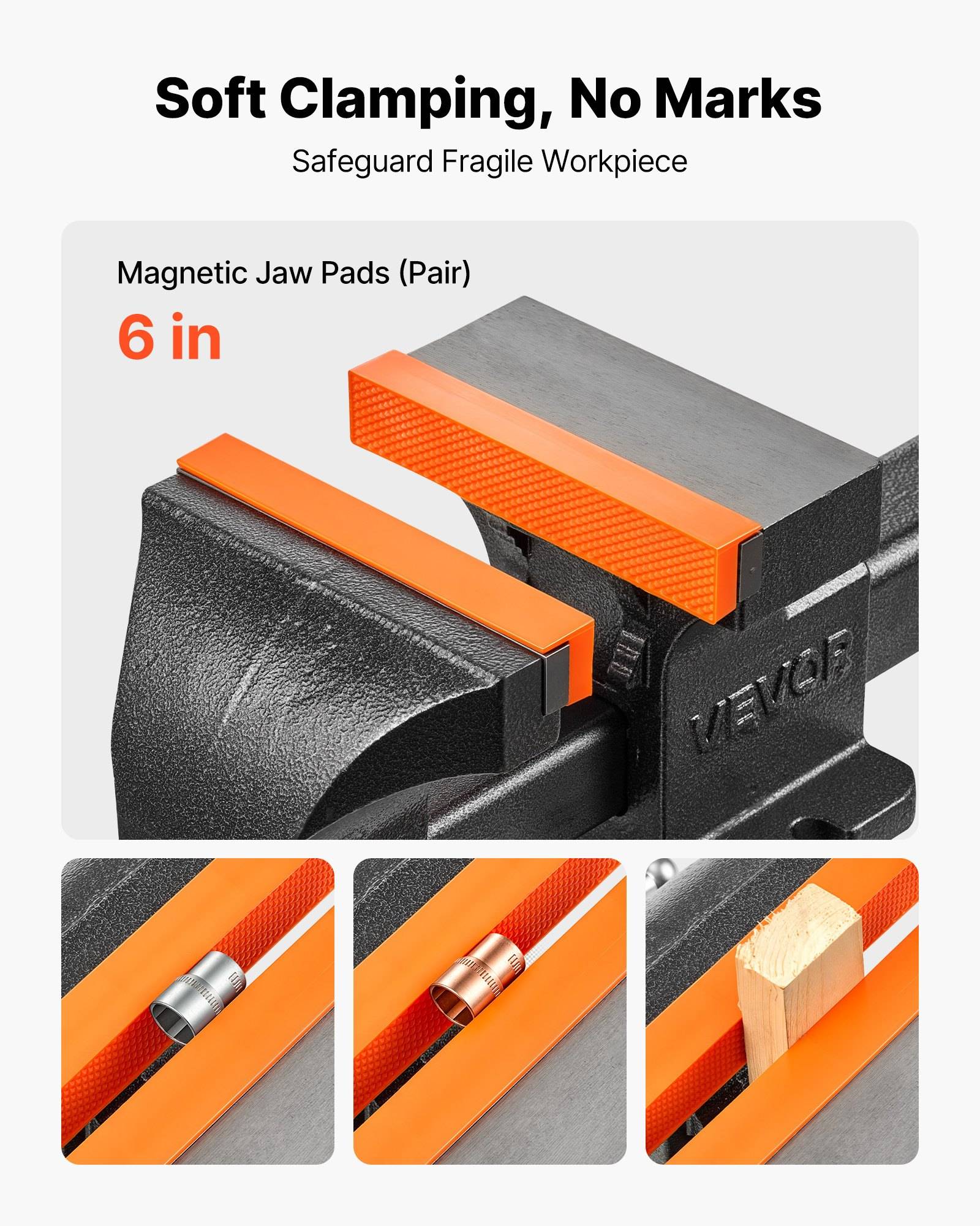 Produktanzeige für Paar 6-Zoll-Magnetbackenschutz für Schraubstöcke, zeigt orangefarbene weiche Spannbacken, die zerbrechliche Werkstücke schützen und Kratzer verhindern.
