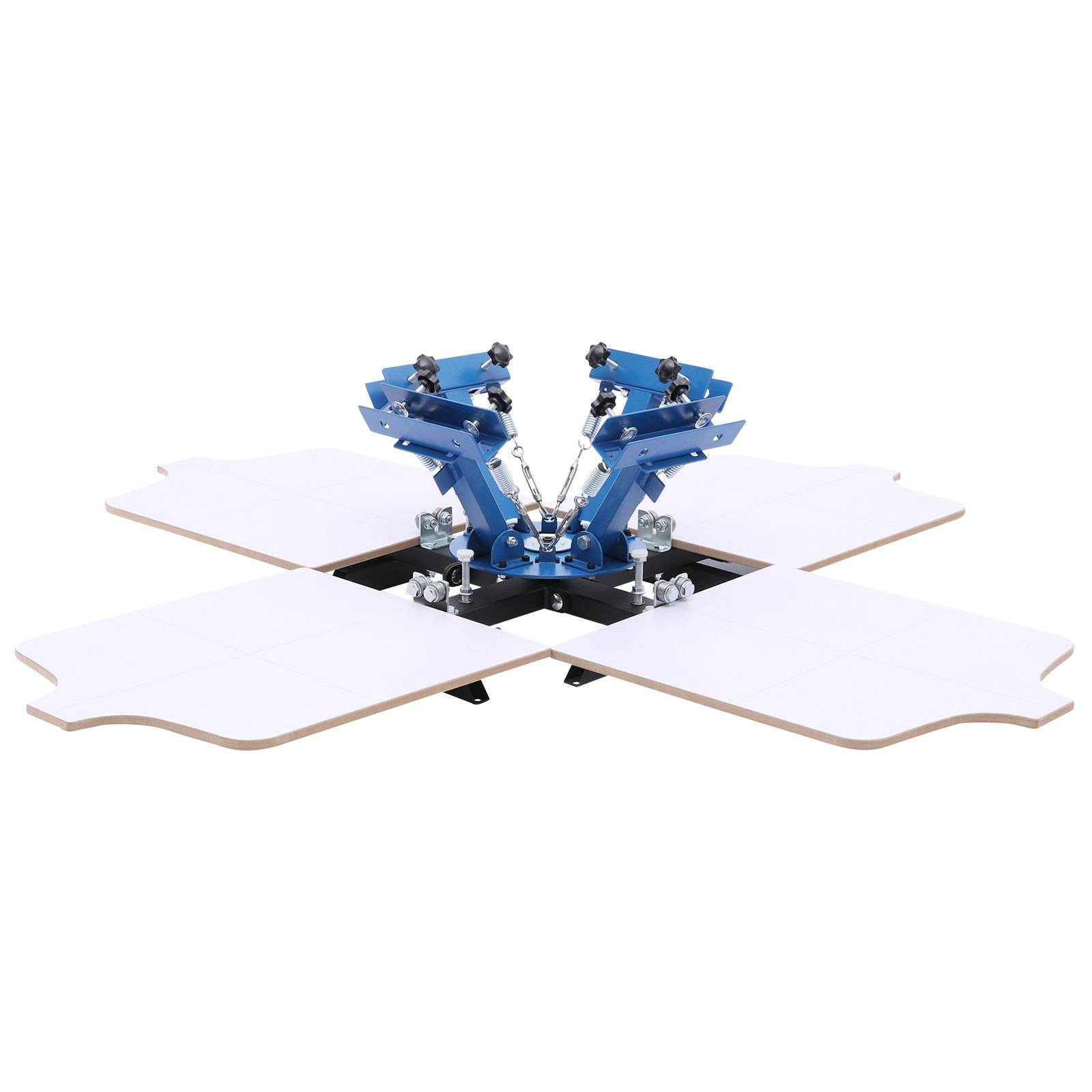 Vierfarbige Siebdruckmaschine mit vier Druckplatten und blauen mechanischen Druckköpfen, die kreuzweise auf weißem Hintergrund angeordnet sind.