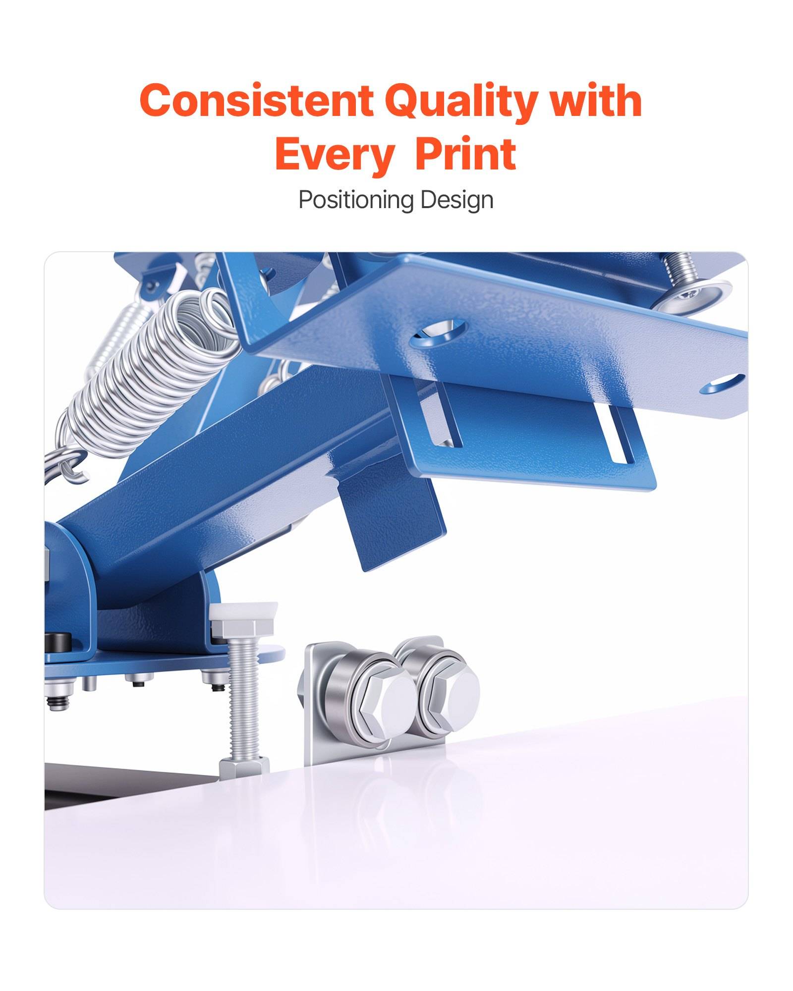 Nahaufnahme einer blauen Metalldruckmaschine mit Feder und Einstellhardware; der Text lautet „Konsistente Qualität bei jedem Druck" und „Positionierungsdesign"".
