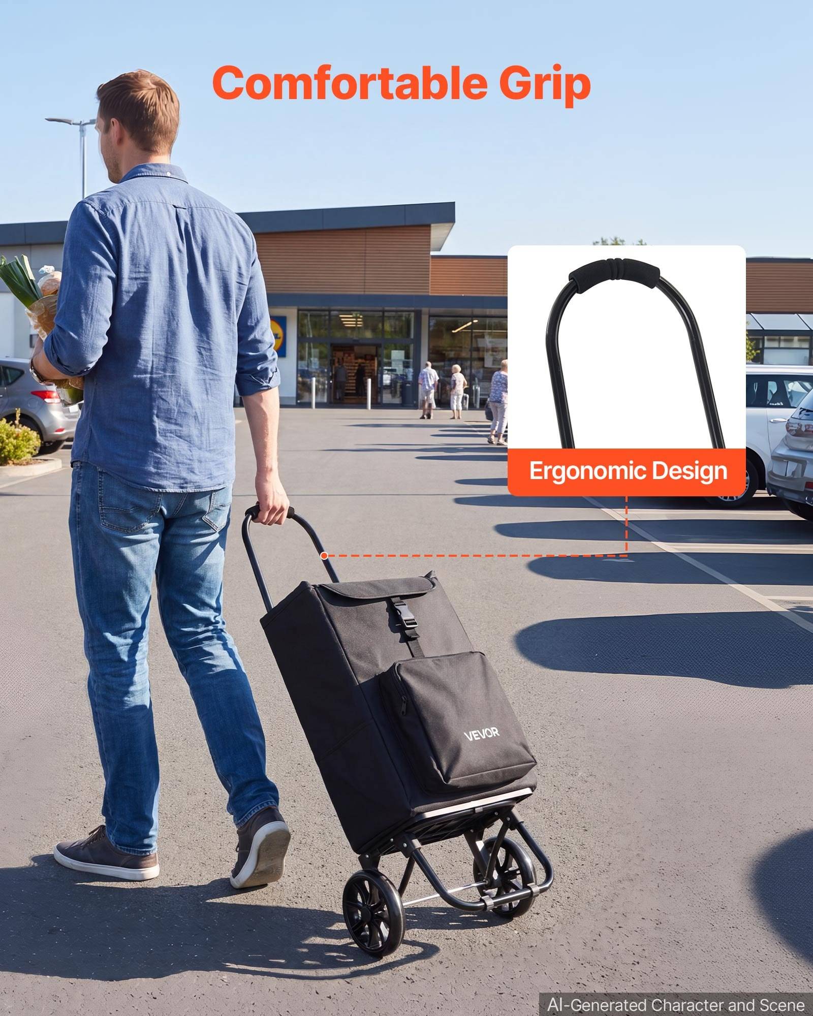 Mann zieht einen schwarzen Einkaufswagen mit Rädern auf einem Parkplatz, gekennzeichnet mit „Komfortables Greifen" und „Ergonomisches Design"" mit einer Nahaufnahme des Griffs.