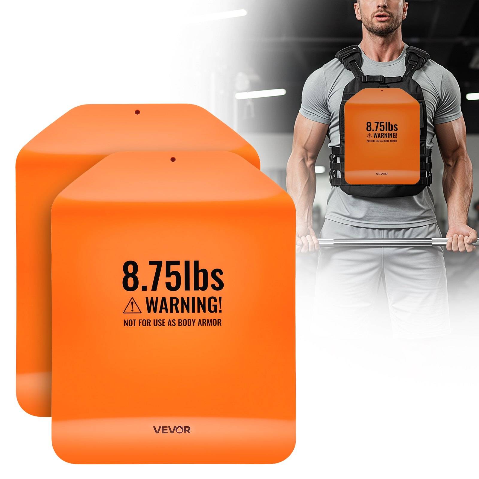 Orangefarbene gewichtete Trainingsweste mit der Aufschrift „8,75 lbs WARNUNG! NICHT ALS KÖRPERSCHUTZ ZU VERWENDEN