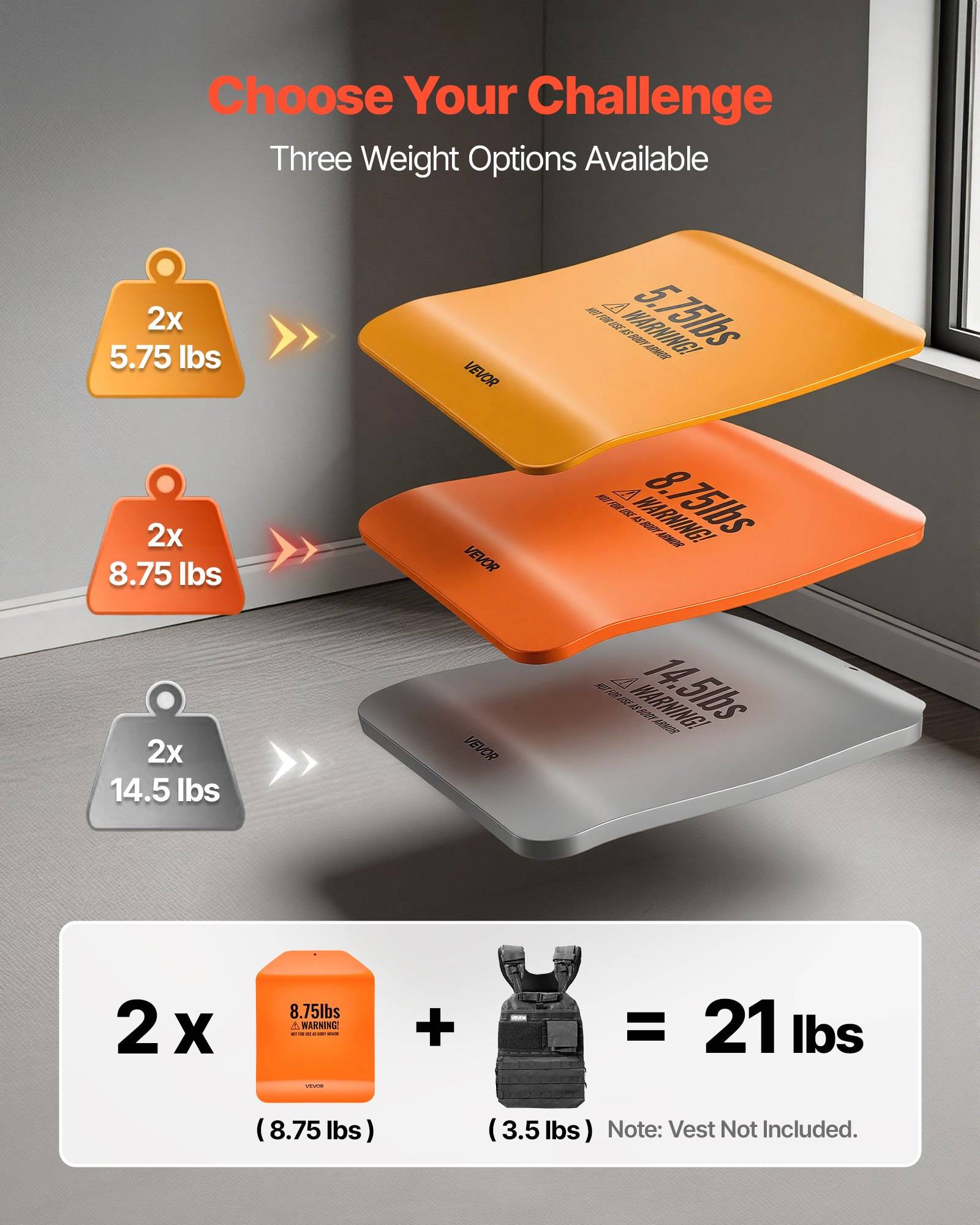 Fitness-Anzeige mit Gewichtswesten-Challenge mit drei Optionen: 2x 2,6 kg, 2x 4 kg oder 2x 6,6 kg, insgesamt 9,5 kg ohne Weste.
