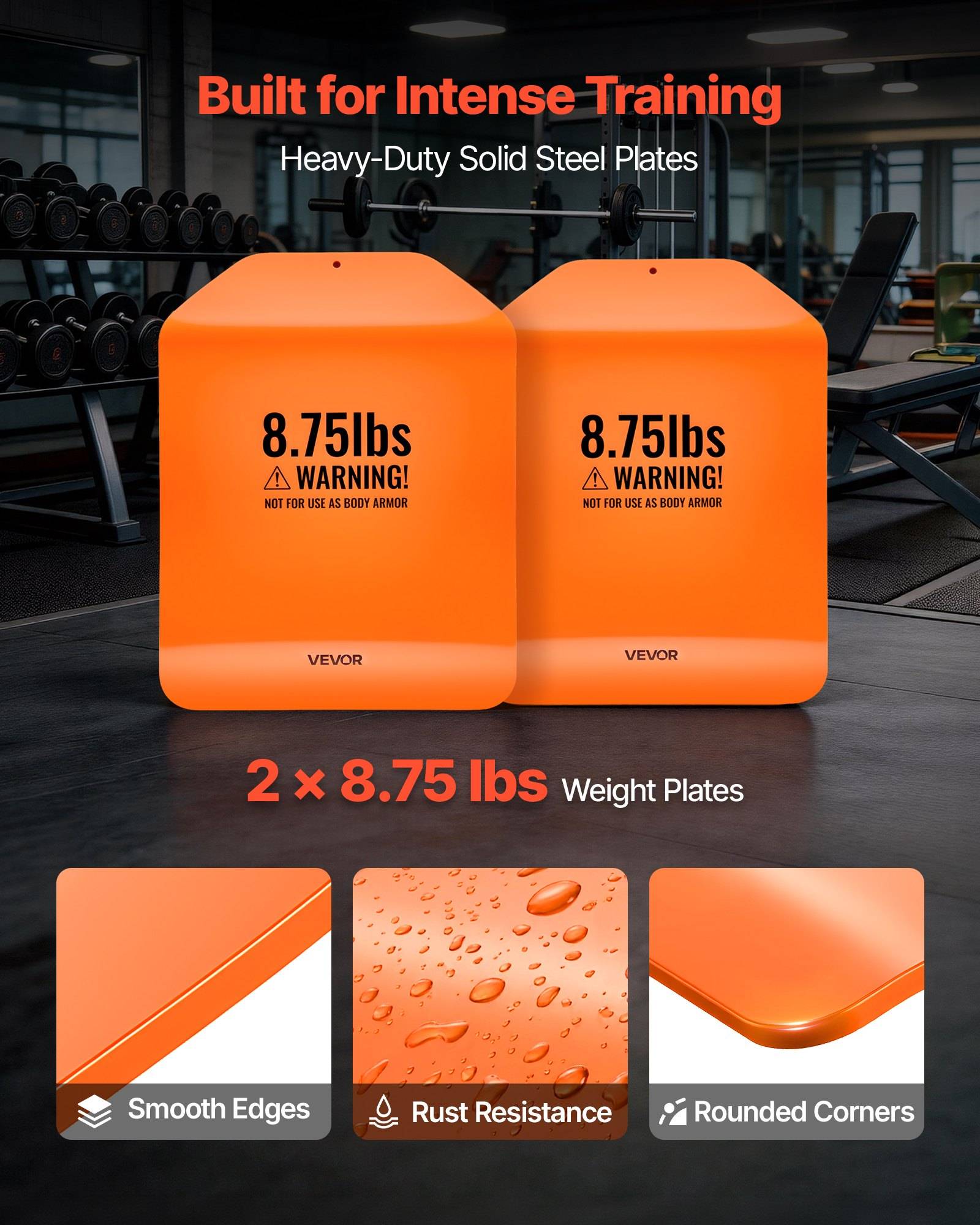 Werbebild von zwei orangefarbenen 8,75-kg-Gewichtplatten aus massivem Stahl, mit der Beschriftung "Built for Intense Training"" (Gebaut für intensives Training) und Hervorhebung von glatten Kanten, Rostbeständigkeit und abgerundeten Ecken.