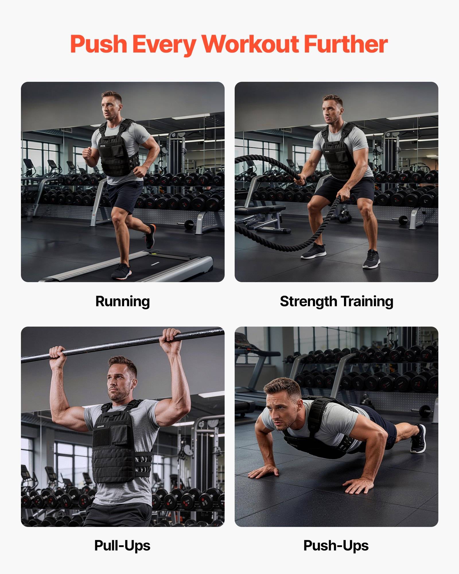 Fitness-Werbegrafik mit dem Titel „Jeden Trainingseinheit weiter vorantreiben" zeigt einen Mann in Gewichtsweste beim Laufen, Krafttraining, Klimmzügen und Liegestützen in einem Fitnessstudio.