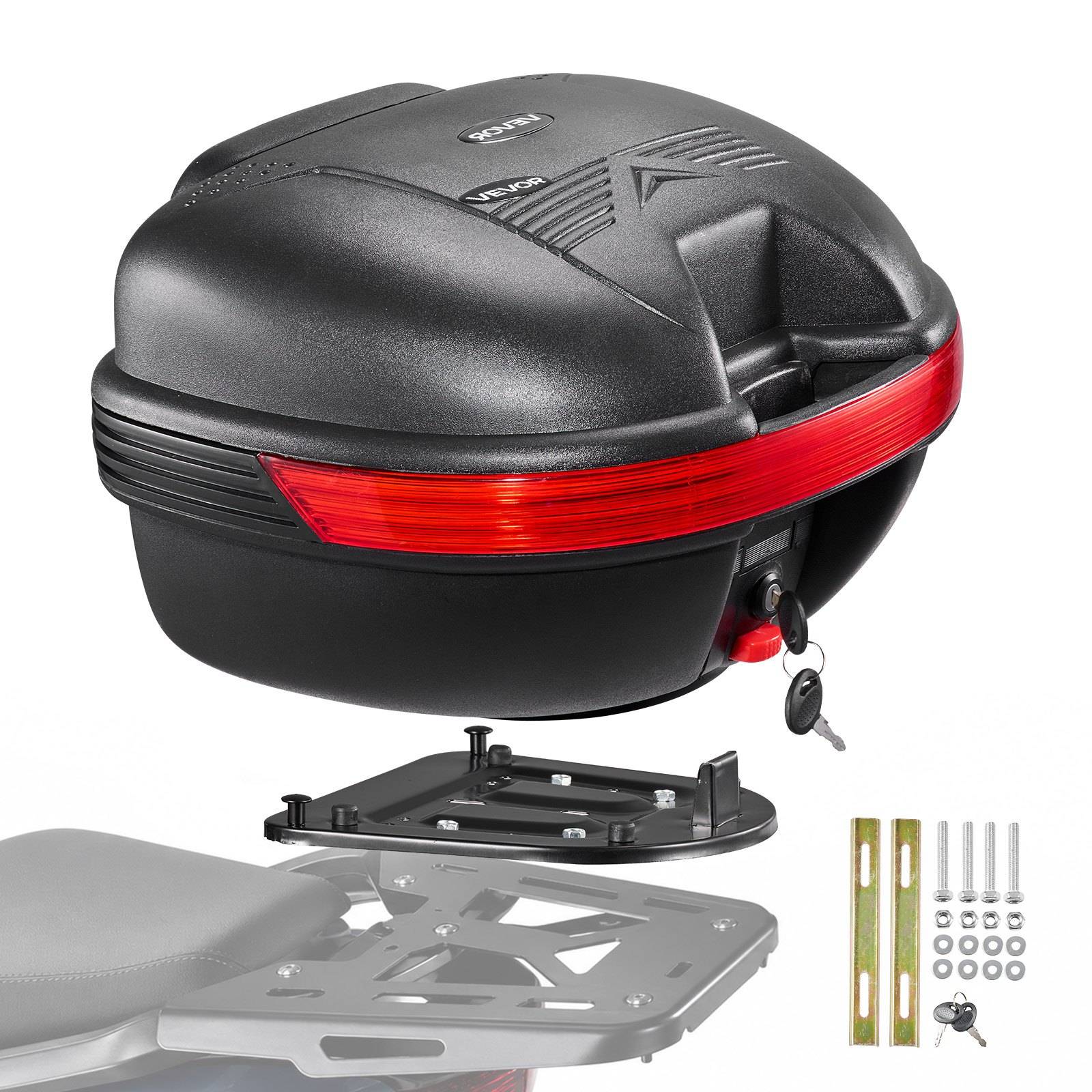 Schwarze Motorrad-Topcase mit rotem Reflektor und Schloss, gezeigt mit Montageplatten, Seitenschienen und Installationszubehör