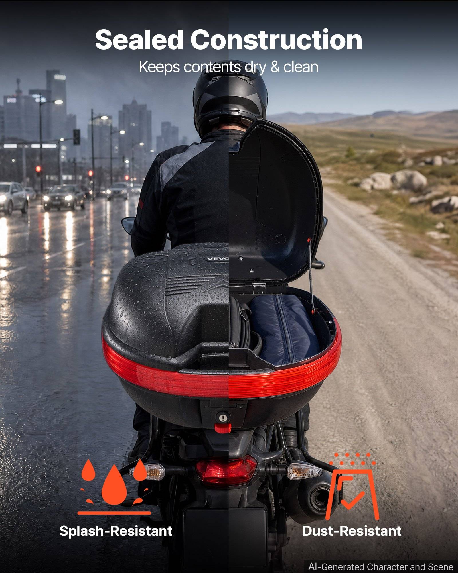 Motorrad-Topcase offen und in zwei Hälften aufgeteilt dargestellt, das die "versiegelte Konstruktion"" zeigt, die Inhalte trocken und sauber hält; gekennzeichnet als spritzwassergeschützt und staubresistent.