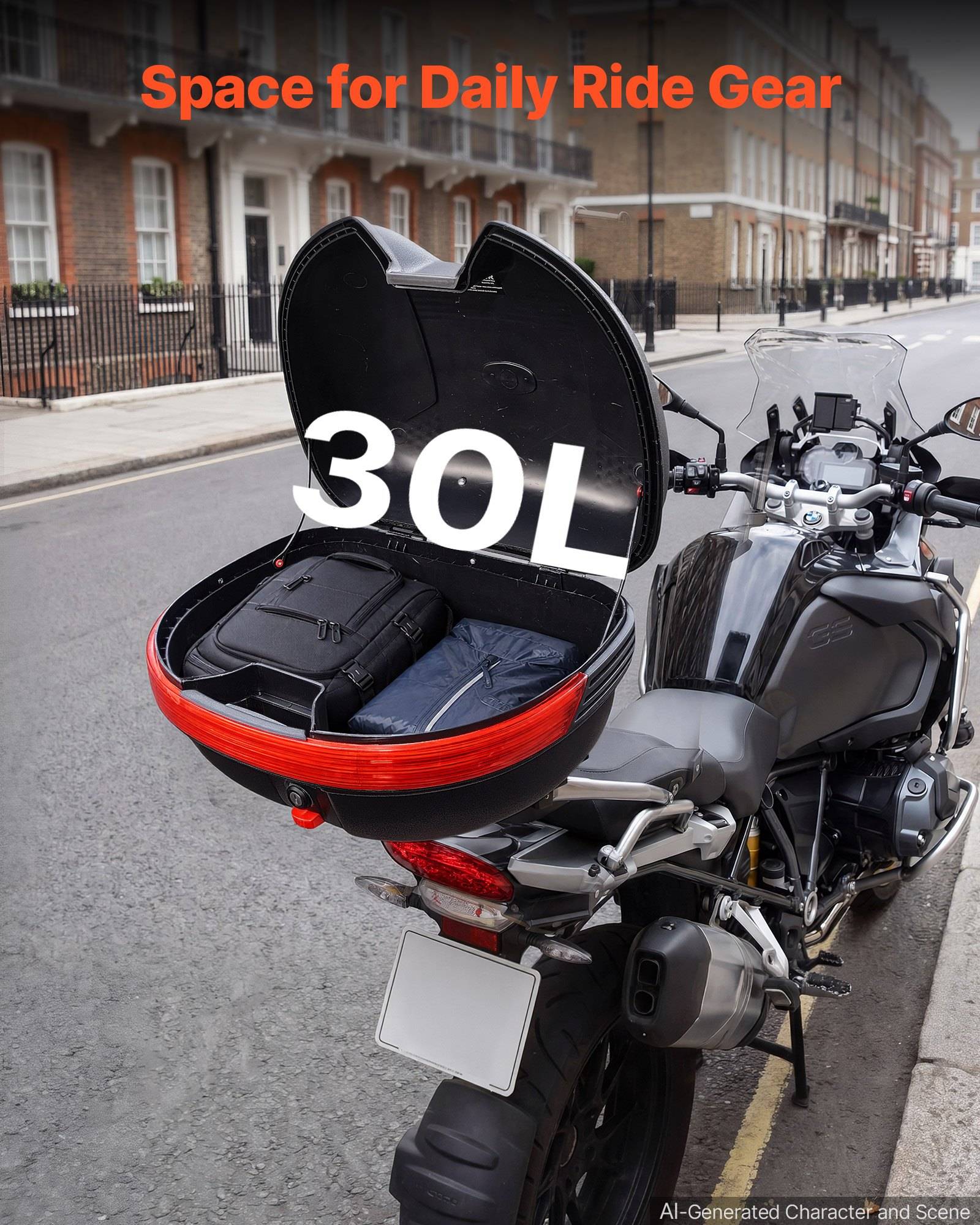 Motorrad mit offener hinterer Topbox, auf der '30L' und der Text 'Platz für tägliche Fahrtausrüstung' angezeigt werden, in einer Wohnstraße.