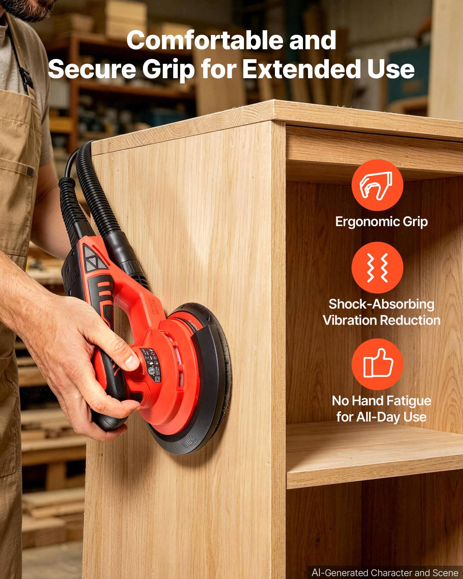 Person, die einen Holzschrank mit einem Elektroschleiffer abschleifen; Text hebt bequemen sicheren Griff, ergonomischen Griff, Vibrationsdämpfung und reduzierte Handermüdung hervor.