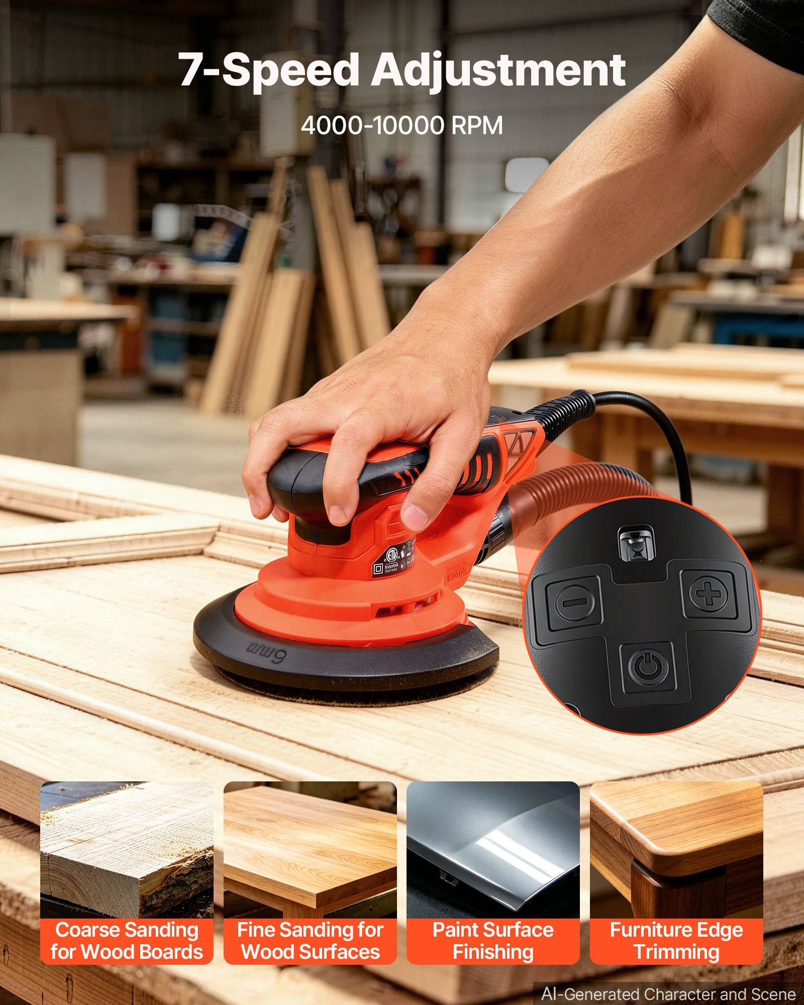 Tragbarer elektrischer Elektroschleifer zum Polieren von Holz, gekennzeichnet mit „7-Stufen-Verstellung" und „4000-10000 U/min"", mit eingebauten Bedienelementen und Anwendungen für Grobschliff, Feinschliff, Lackfinish und Kantentrimmen.