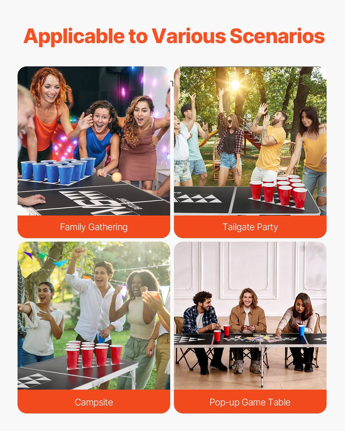 Collage mit dem Titel „Anwendbar in verschiedenen Szenarien" zeigt ein Faltenbecher-Spiel, das bei Familientreffen, Tailgate-Partys, Campingplätzen und Pop-up-Spieltischen verwendet wird.