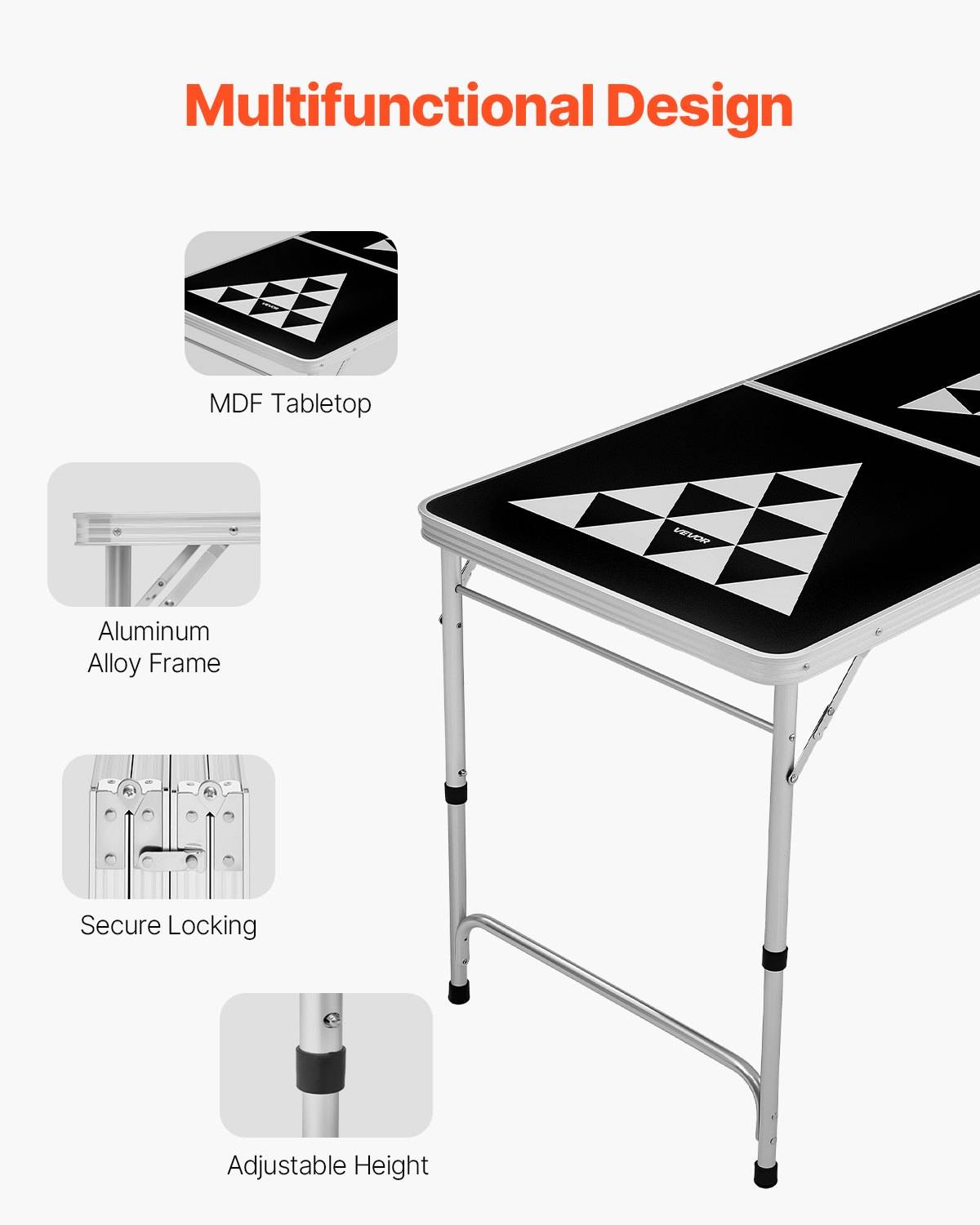 Aktionsproduktubildnis eines Klapptisches mit der Bezeichnung „Multifunktionales Design", das eine MDF-Tischplatte, einen Aluminiumlegierungsrahmen, sichere Verriegelung und verstellbare Höhe zeigt.