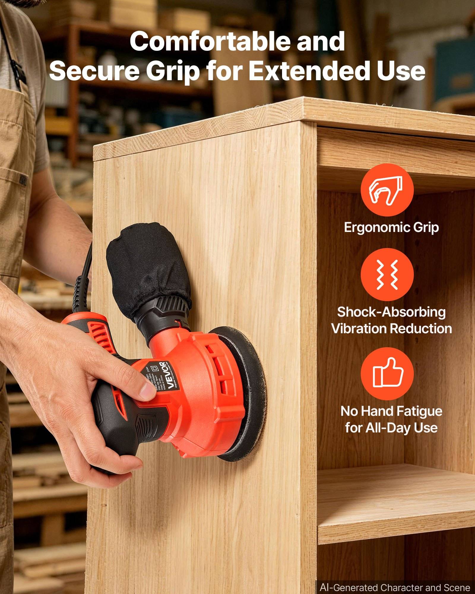 Hand mit rotem Elektroschleiffer auf einem Holzschrank; Text hebt ergonomischen Griff, Vibrationsdämpfung und weniger Handermüdung bei längerer Verwendung hervor.