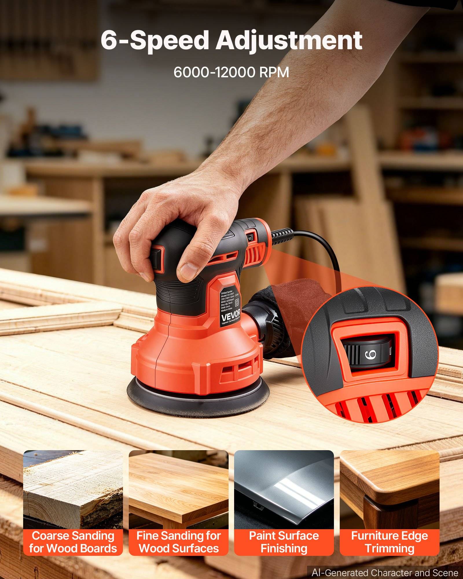 Hand hält einen roten schnurlosen Elektro-Exzenterschleifer auf einem Holzbrett, gekennzeichnet mit "6-Gang-Verstellung"" und ""6000-12000 U/min"", mit Beispielen für Grobbschliff, Feinschliff, Lackfinish und Kantentrimmen.